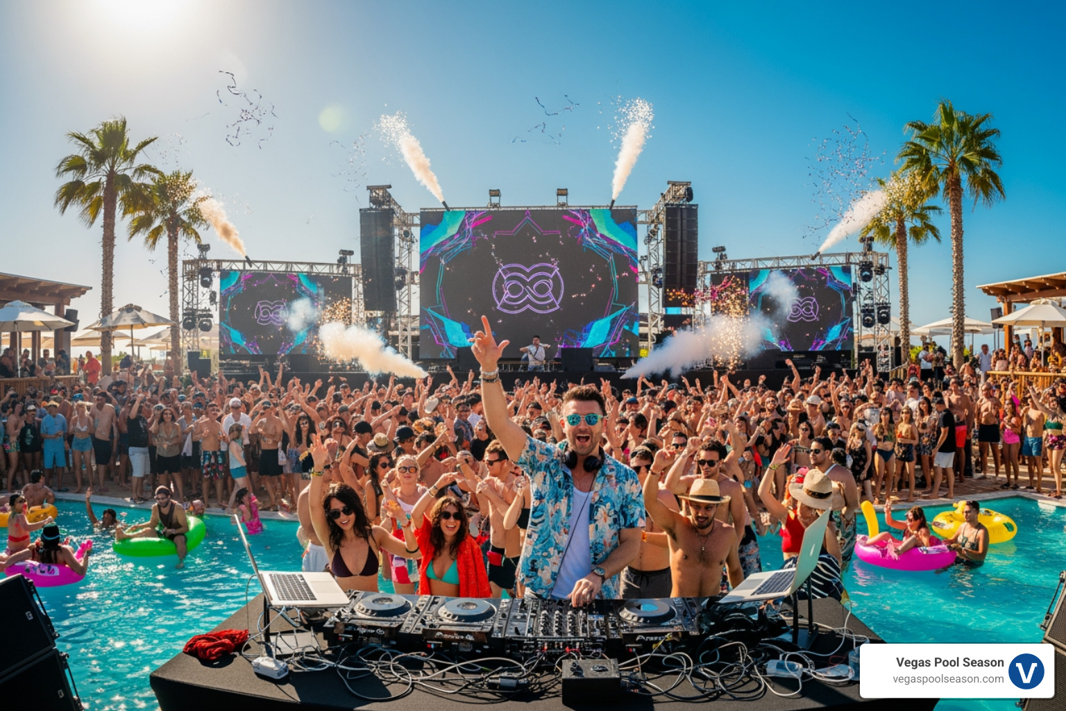 A DJ performing at a dayclub with a crowd in front - free pool parties in vegas A DJ performing at a dayclub with a crowd in front - free pool parties in vegas