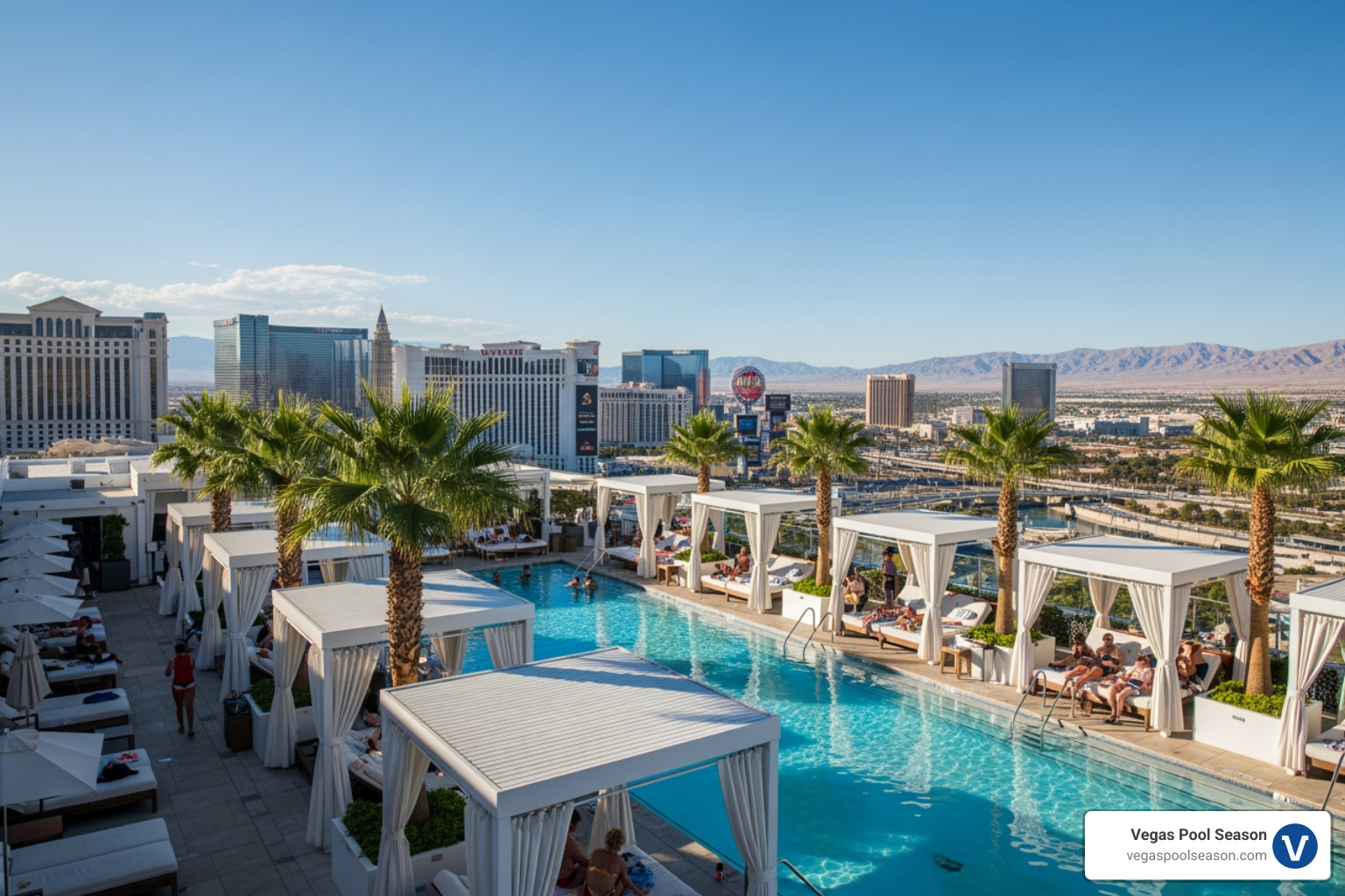 Drai's Beachclub showcasing its rooftop pools and panoramic view of the Las Vegas Strip - hip hop day clubs in vegas Drai's Beachclub showcasing its rooftop pools and panoramic view of the Las Vegas Strip - hip hop day clubs in vegas