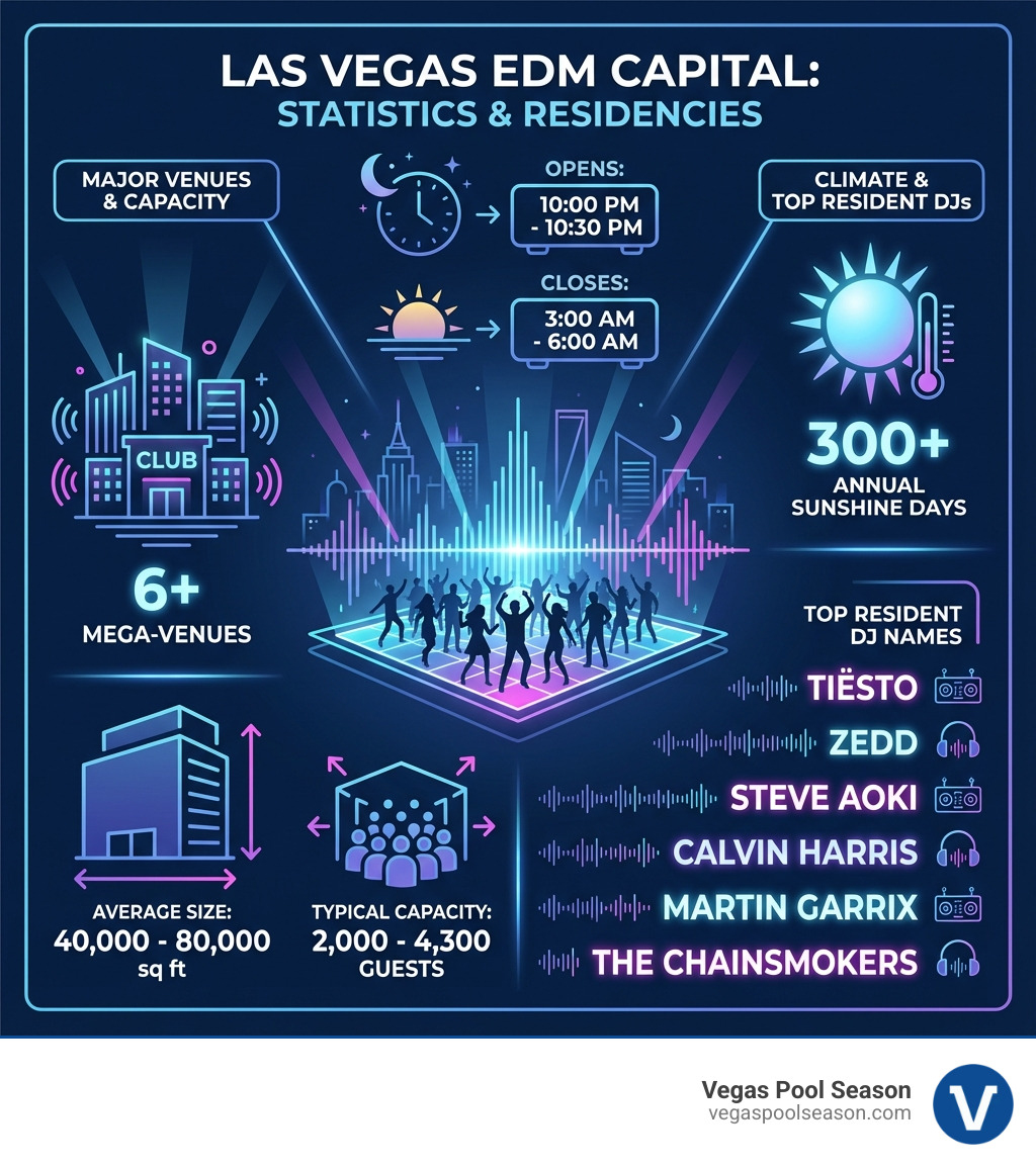 Infographic showing Las Vegas EDM statistics: number of major EDM clubs (6+ mega-venues), average club size (40,000-80,000 square feet), typical capacity (2,000-4,300 guests), opening hours (10:00 PM - 10:30 PM), closing times (3:00 AM - 6:00 AM), annual sunshine days (300+), and top resident DJ names including Tiësto, Zedd, Steve Aoki, Calvin Harris, Martin Garrix, and The Chainsmokers - Best EDM clubs Vegas infographic 