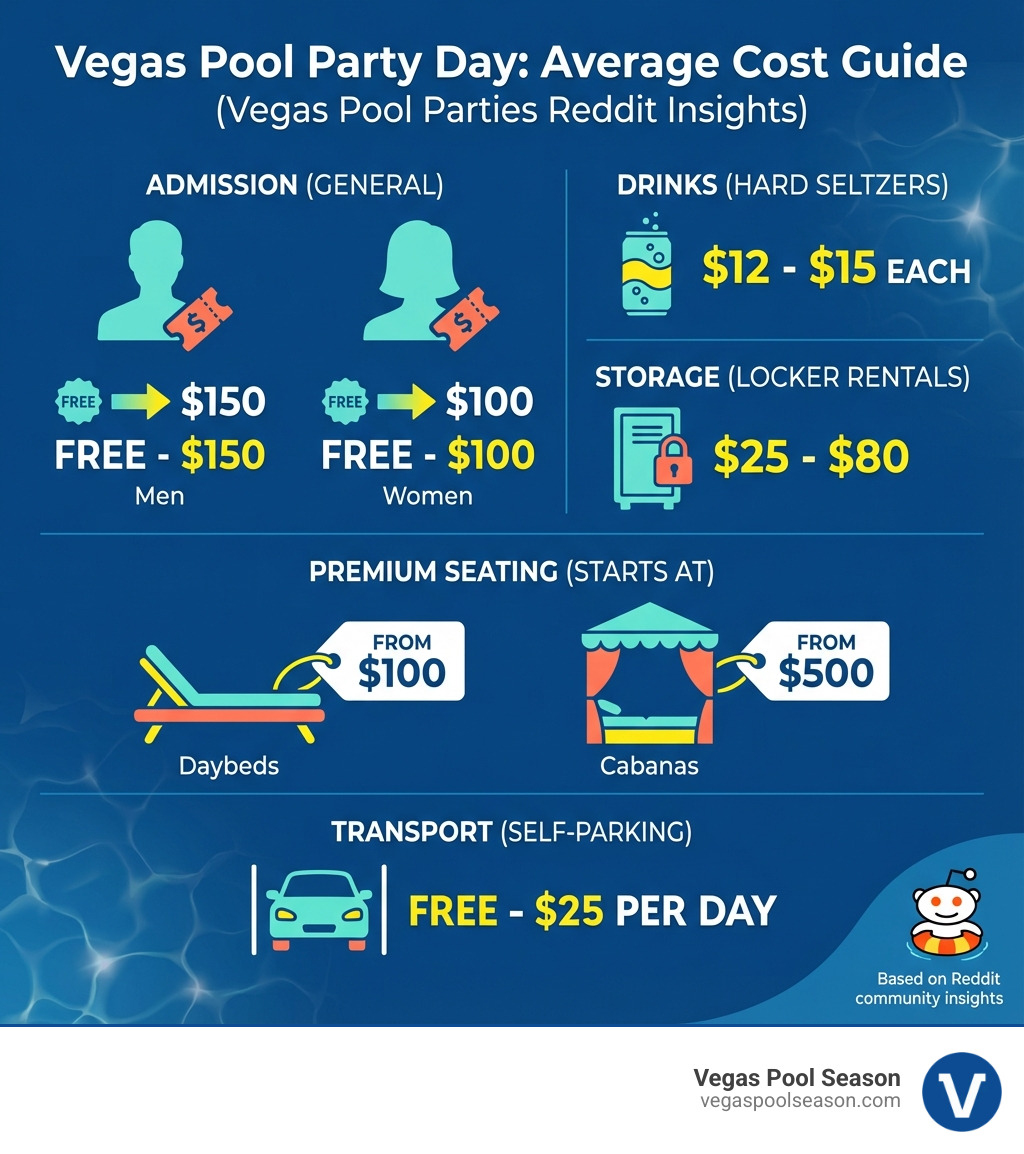 Infographic showing the average costs of a Vegas pool party day: General Admission ranges from free to $150 for men and free to $100 for women, Hard Seltzers cost $12-$15 each, Locker Rentals range from $25-$80, Daybeds start at $100, Cabanas start at $500, and Self-Parking varies from free to $25 per day - vegas pool parties reddit infographic Infographic showing the average costs of a Vegas pool party day: General Admission ranges from free to $150 for men and free to $100 for women, Hard Seltzers cost $12-$15 each, Locker Rentals range from $25-$80, Daybeds start at $100, Cabanas start at $500, and Self-Parking varies from free to $25 per day - vegas pool parties reddit infographic