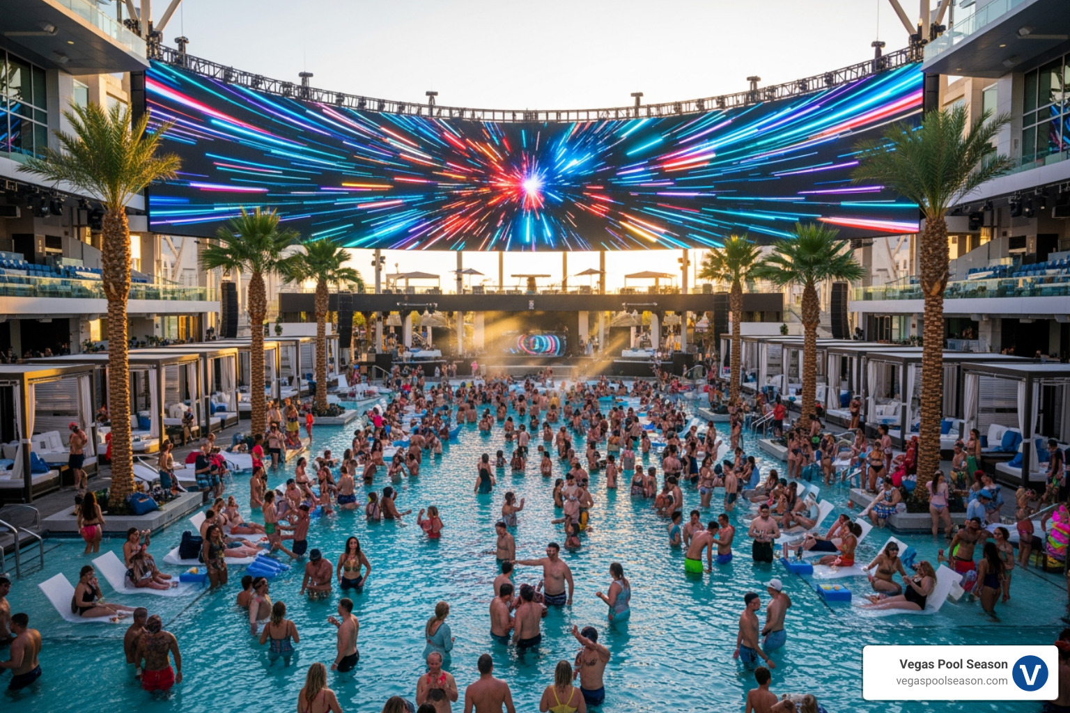 Energetic crowd at Stadium Swim with a massive HD screen in the background - Las Vegas pool party guide Energetic crowd at Stadium Swim with a massive HD screen in the background - Las Vegas pool party guide