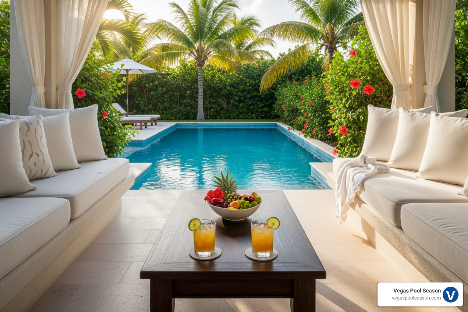 Luxurious private cabana with plush seating, drinks, and a view of a serene pool - Las Vegas pool party guide Luxurious private cabana with plush seating, drinks, and a view of a serene pool - Las Vegas pool party guide