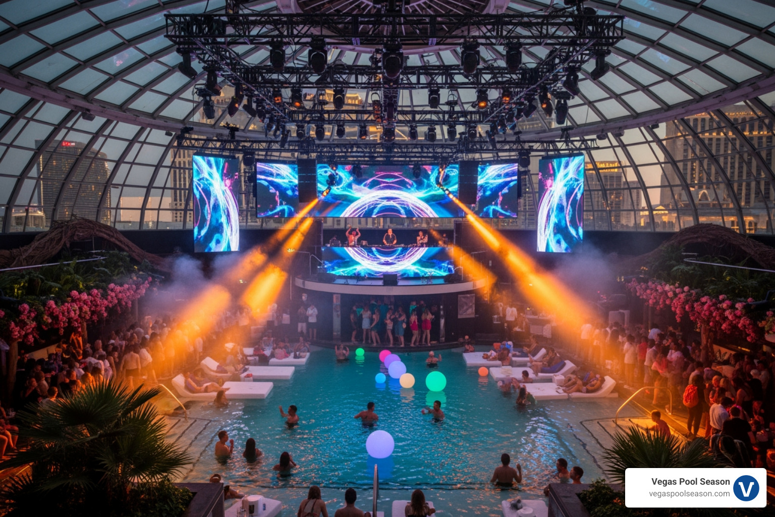 Marquee Dayclub Dome interior with a DJ playing - las vegas pool parties in december Marquee Dayclub Dome interior with a DJ playing - las vegas pool parties in december