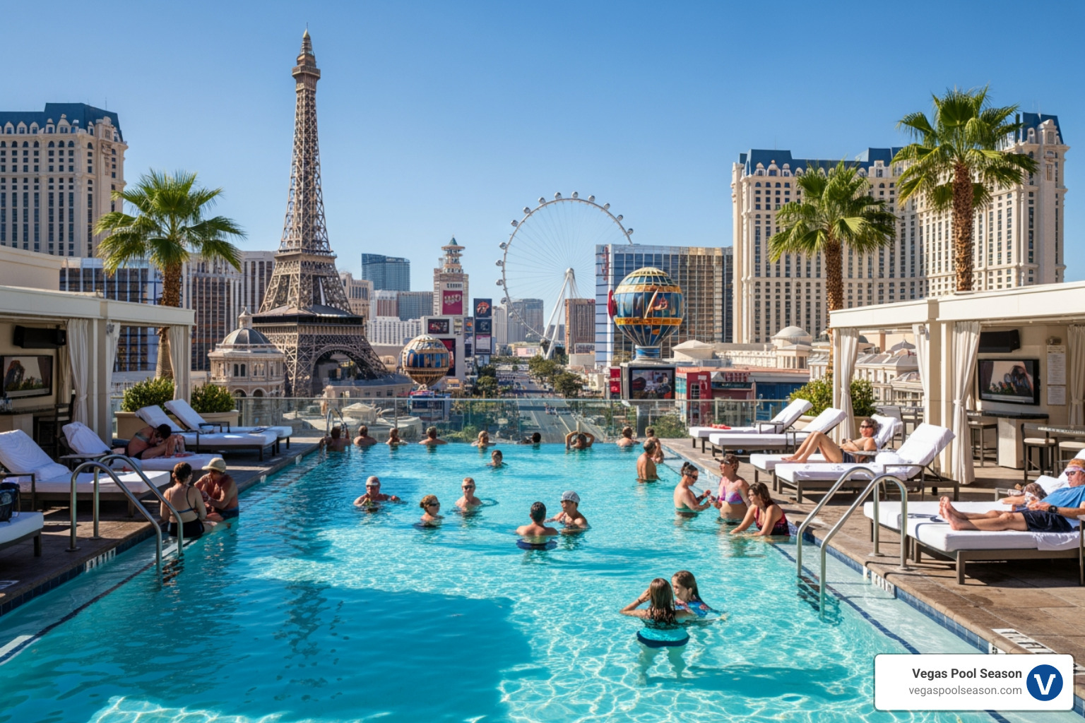 Panoramic Strip views from a Vegas rooftop pool - best vegas pool party on thursday Panoramic Strip views from a Vegas rooftop pool - best vegas pool party on thursday