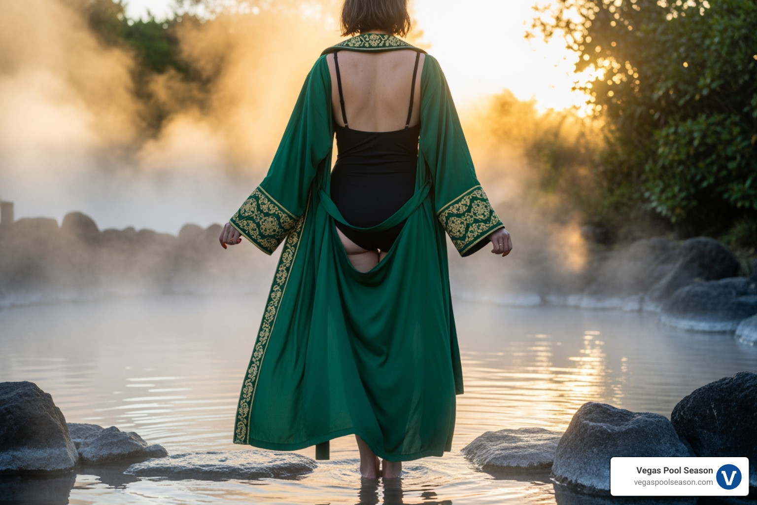 Person wearing a stylish robe over a swimsuit by a steaming pool - las vegas pool parties in december Person wearing a stylish robe over a swimsuit by a steaming pool - las vegas pool parties in december