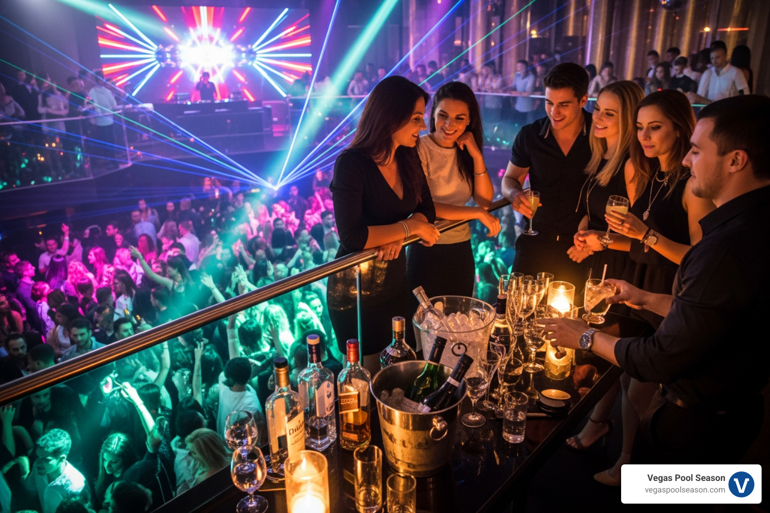 A group enjoying a VIP table with bottle service overlooking a packed dance floor - VIP entry Vegas clubs