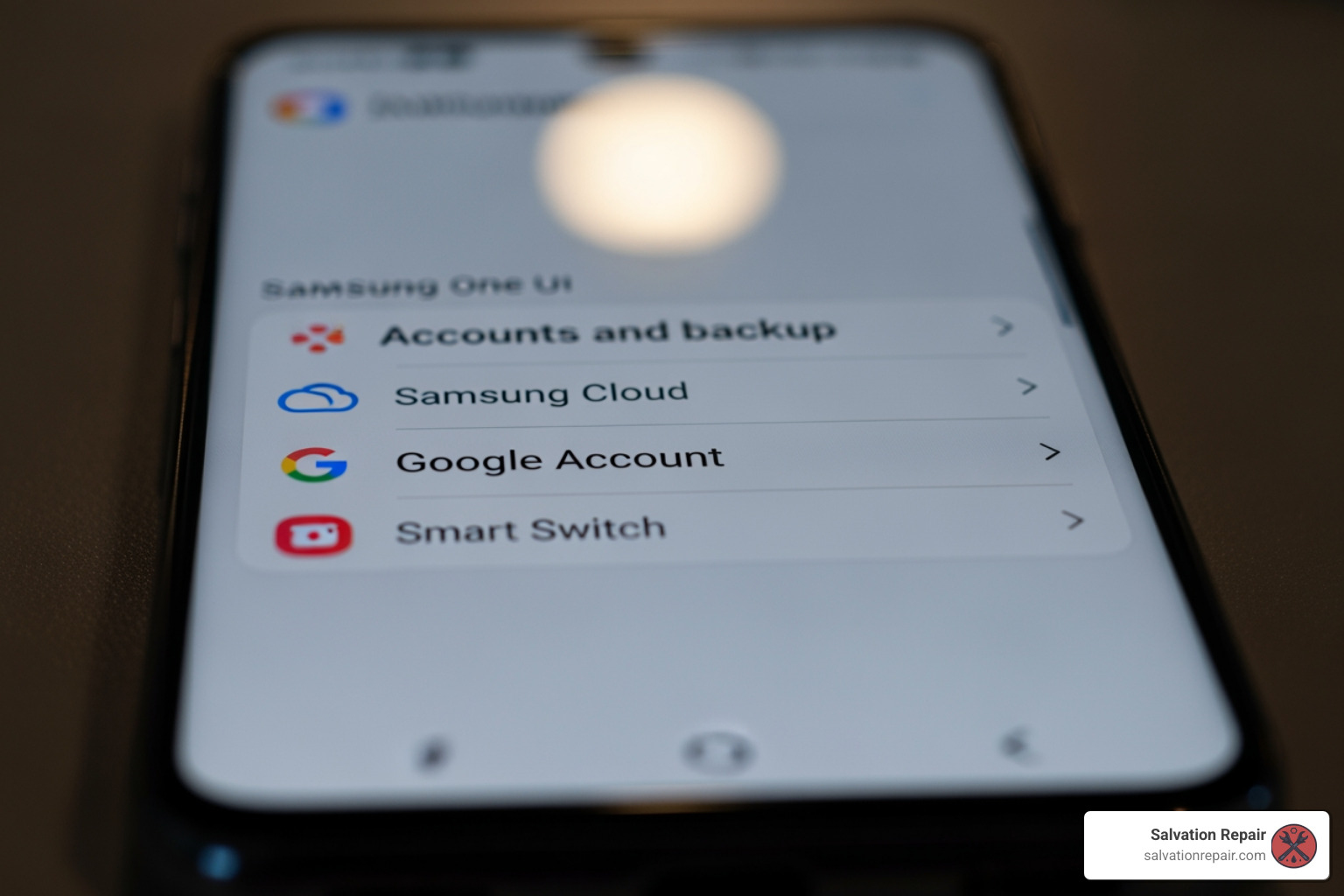 The 'Accounts and backup' screen on a Samsung Galaxy phone - how to backup samsung phone before repair