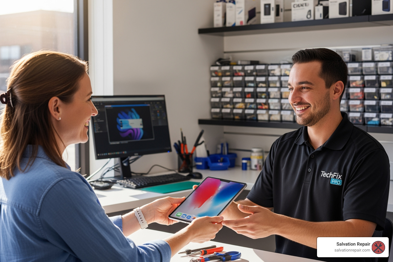 happy customer receiving their repaired iPad from a technician - iPad repair in laurel MS