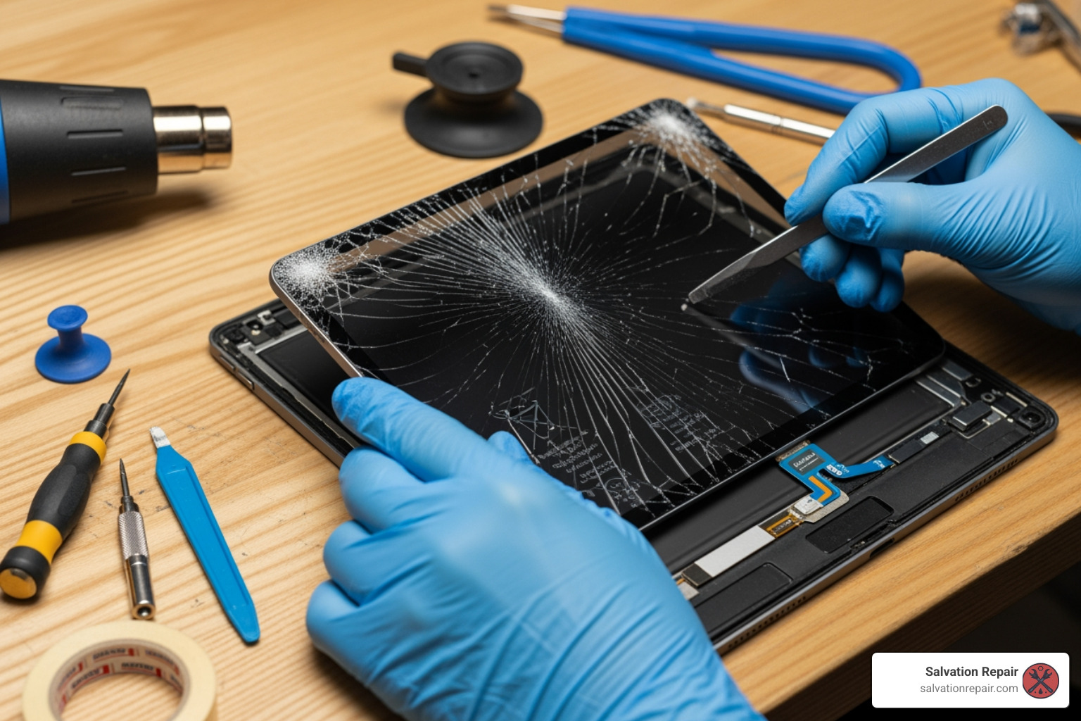 technician's hands carefully replacing an iPad screen - iPad repair in laurel MS