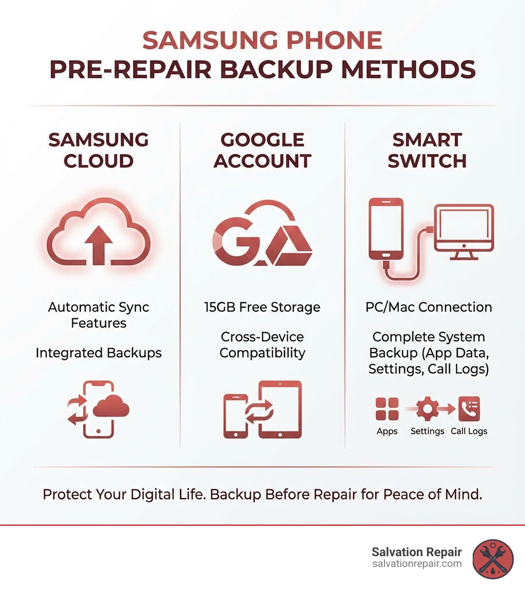 Infographic showing the three main Samsung backup methods: Samsung Cloud with cloud icon and automatic sync features, Google Account with 15GB free storage and cross-device compatibility, and Smart Switch with PC/Mac connection for complete system backups including app data, settings, and call logs - how to backup samsung phone before repair infographic 