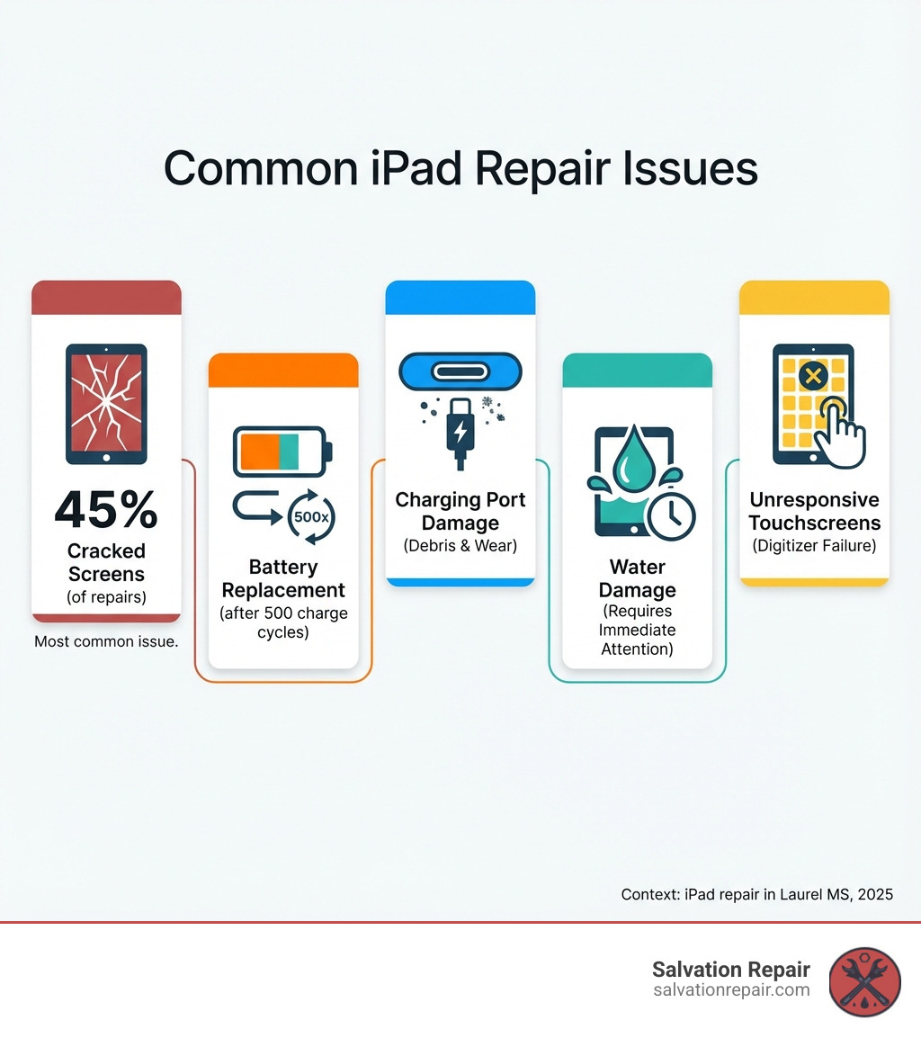 infographic showing common iPad repair issues including cracked screens affecting 45% of repairs, battery replacement needed after 500 charge cycles, charging port damage from debris and wear, water damage requiring immediate attention, and unresponsive touchscreens from digitizer failure - iPad repair in laurel MS infographic 