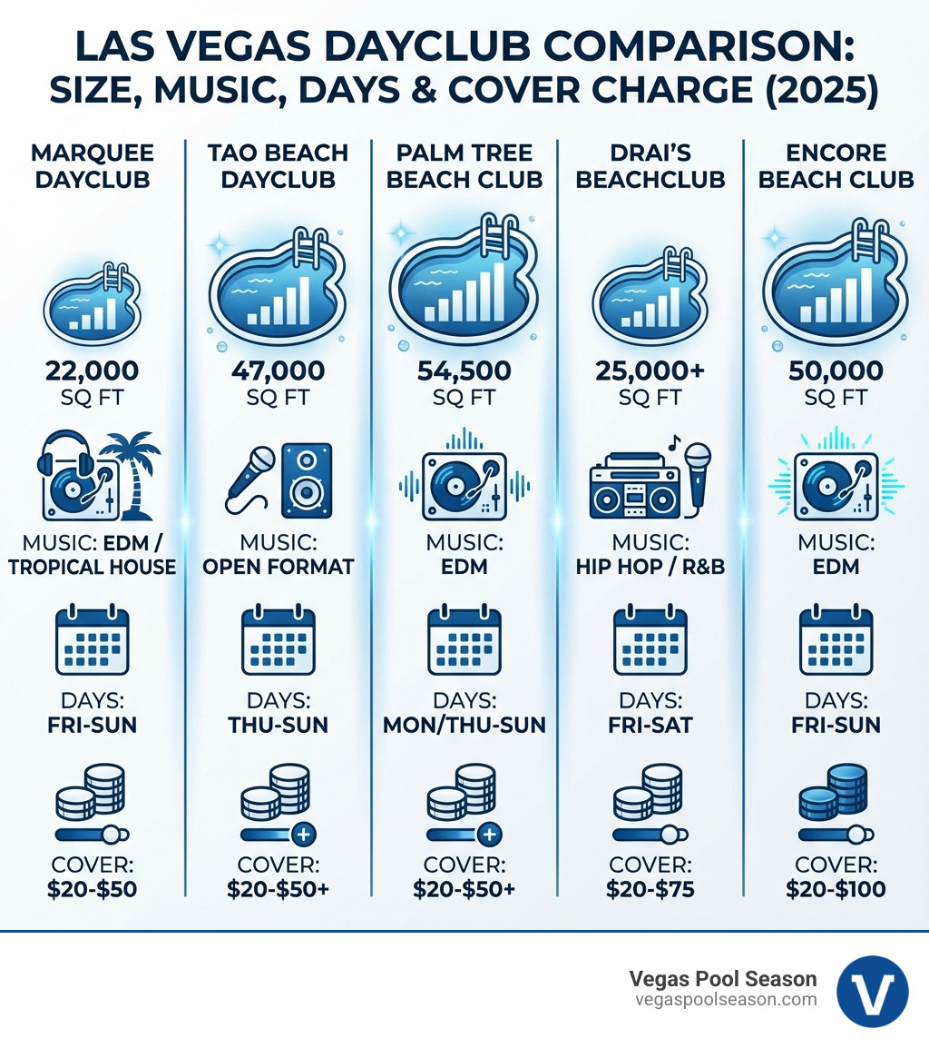 Infographic comparing Las Vegas dayclubs by size, music genre, operating days, and cover charge ranges, showing Marquee Dayclub (22,000 sq ft, EDM/Tropical House, Fri-Sun, $20-50), TAO Beach (47,000 sq ft, Open Format, Thu-Sun, $20-50+), Palm Tree Beach Club (54,500 sq ft, EDM, Mon/Thu-Sun, $20-50+), Drai's Beachclub (25,000+ sq ft, Hip Hop/R&B, Fri-Sat, $20-75), and Encore Beach Club (50,000 sq ft, EDM, Fri-Sun, $20-100) - dayclubs in las vegas infographic Infographic comparing Las Vegas dayclubs by size, music genre, operating days, and cover charge ranges, showing Marquee Dayclub (22,000 sq ft, EDM/Tropical House, Fri-Sun, $20-50), TAO Beach (47,000 sq ft, Open Format, Thu-Sun, $20-50+), Palm Tree Beach Club (54,500 sq ft, EDM, Mon/Thu-Sun, $20-50+), Drai's Beachclub (25,000+ sq ft, Hip Hop/R&B, Fri-Sat, $20-75), and Encore Beach Club (50,000 sq ft, EDM, Fri-Sun, $20-100) - dayclubs in las vegas infographic