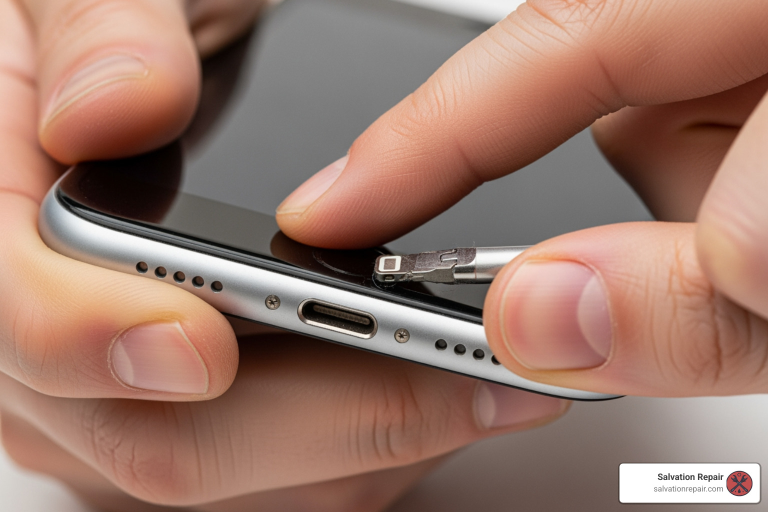 User inspecting iPhone lightning port - iPhone charging port repair in laurel MS