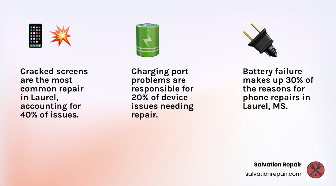 infographic showing the three most common cellphone repair issues in Laurel MS: cracked screens accounting for 40 percent of repairs, battery failure at 30 percent, and charging port problems at 20 percent, with repair time estimates and average costs for each - Cellphone Repair Laurel ms infographic 3_facts_emoji_light-gradient