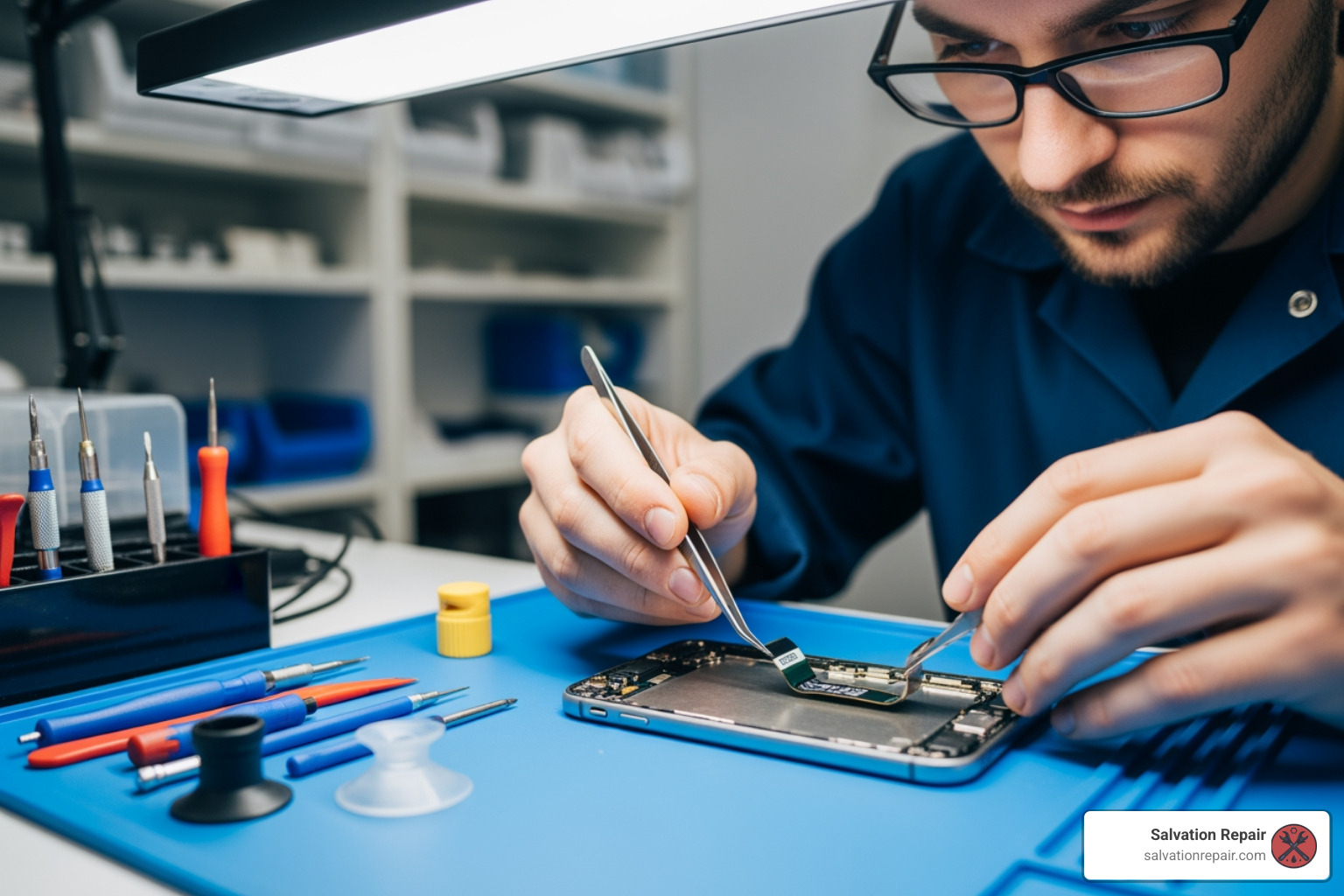 technician examining smartphone - Cellphone Repair Laurel ms