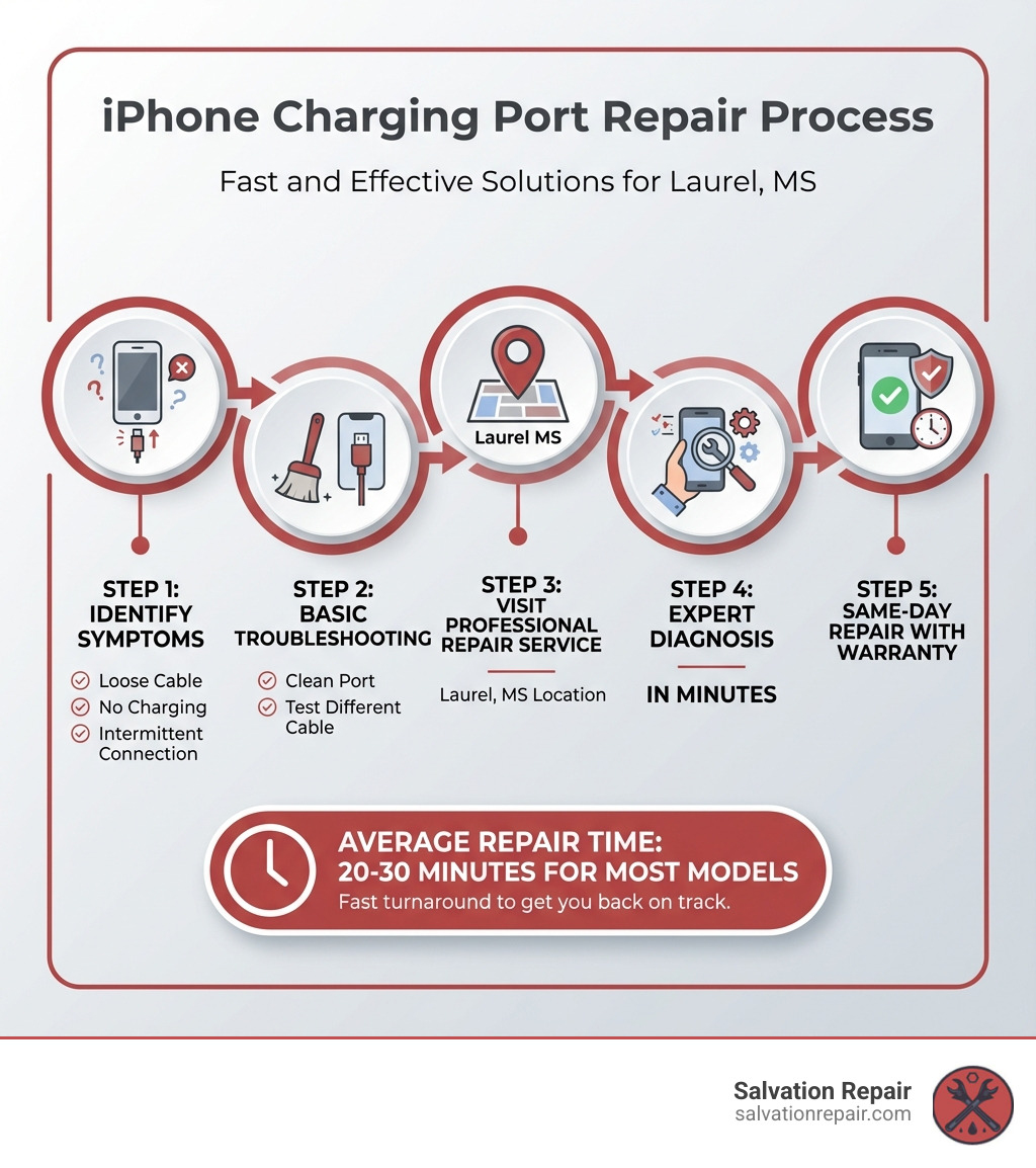 Infographic showing the repair process: Step 1 - Identify charging port symptoms (loose cable, no charging, intermittent connection). Step 2 - Try basic troubleshooting (clean port, test different cable). Step 3 - Visit professional repair service in Laurel MS. Step 4 - Expert diagnosis in minutes. Step 5 - Same-day repair with warranty. Average repair time: 20-30 minutes for most models. - iPhone charging port repair in laurel MS infographic 