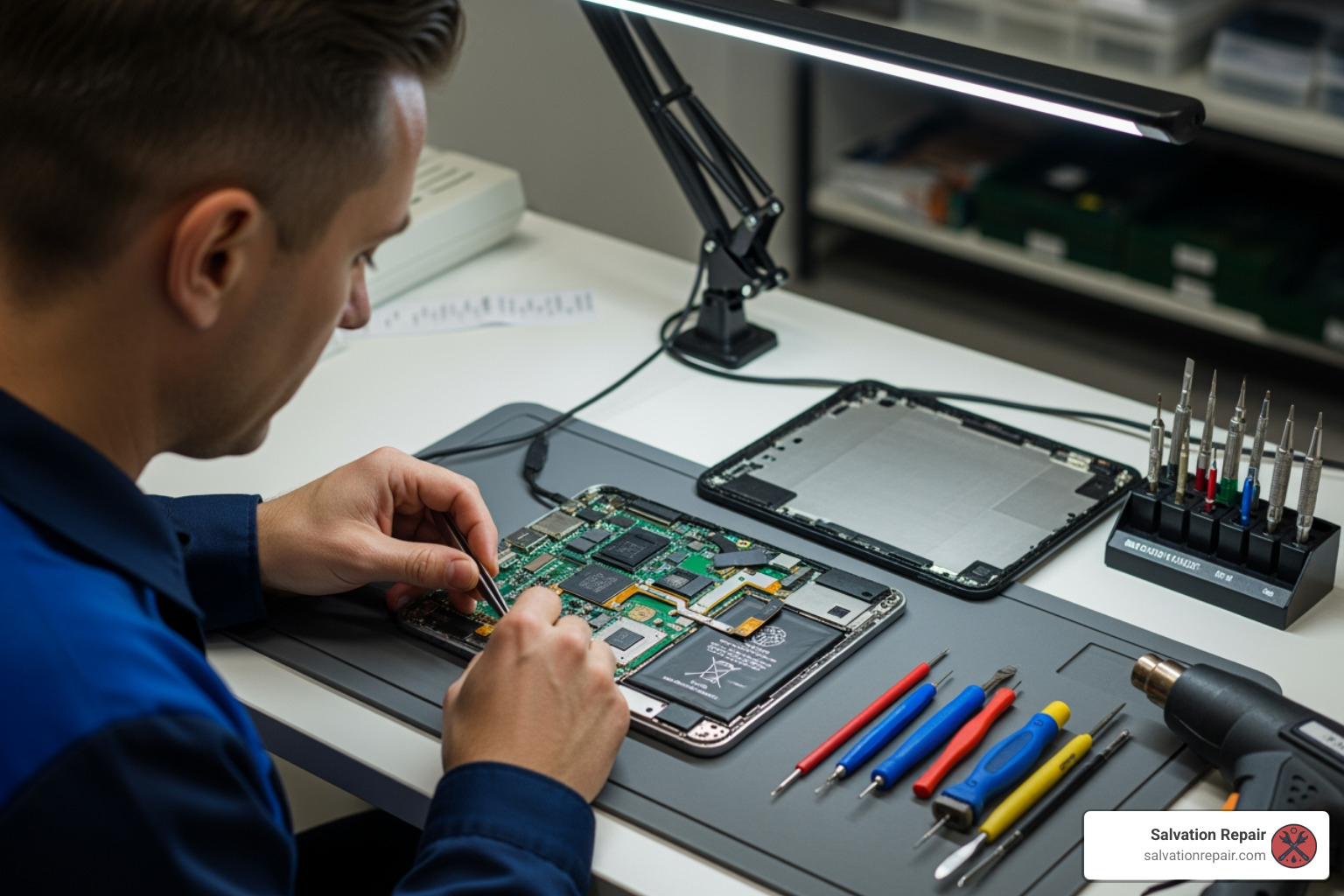 a technician carefully working on a disassembled tablet at a clean workstation - tablet hinge repair Laurel