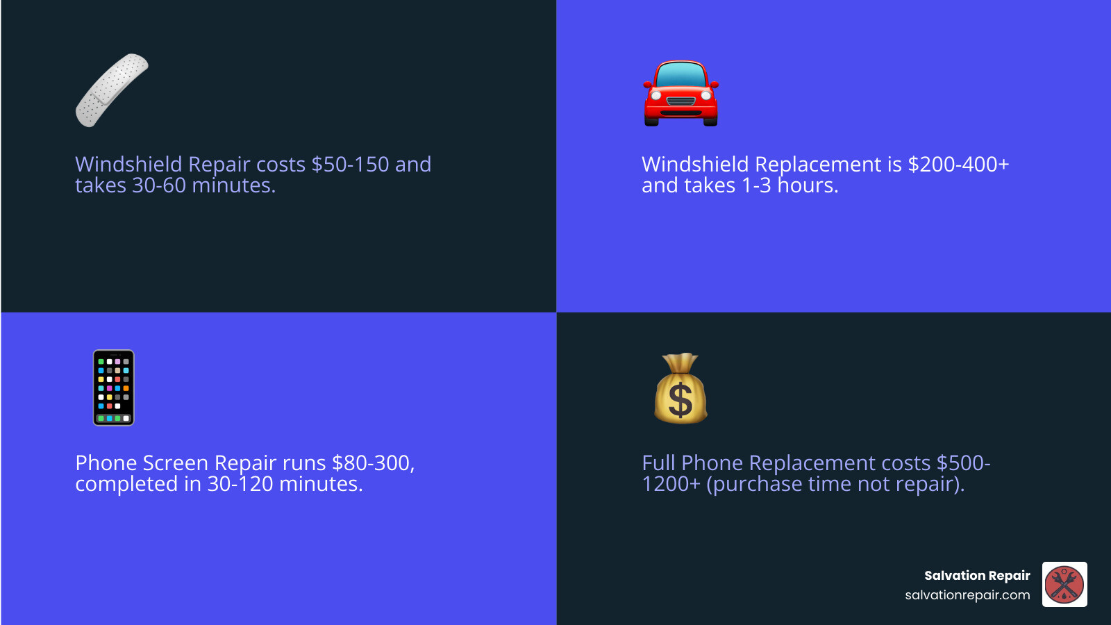 Table comparing average costs and time for different glass repair types - Glass repair Laurel MS infographic 4_facts_emoji_blue