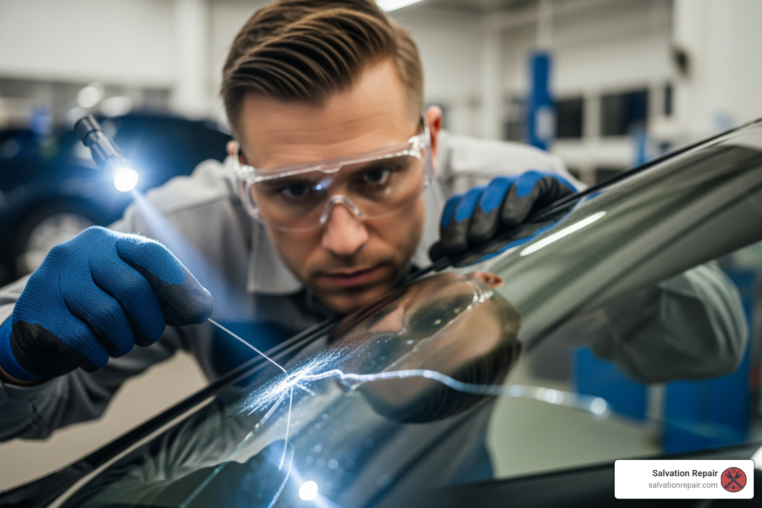Technician examining windshield crack - Glass repair Laurel MS