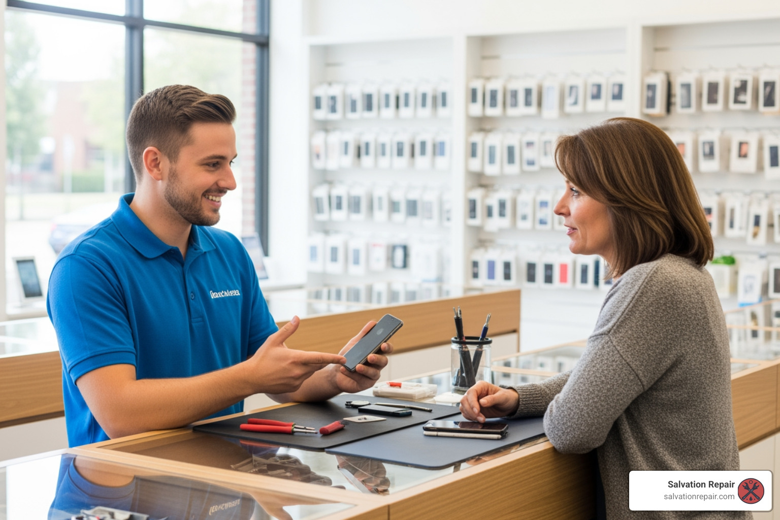 of a friendly technician at a repair counter discussing a phone with a customer. - Google Pixel repair Hattiesburg of a friendly technician at a repair counter discussing a phone with a customer. - Google Pixel repair Hattiesburg