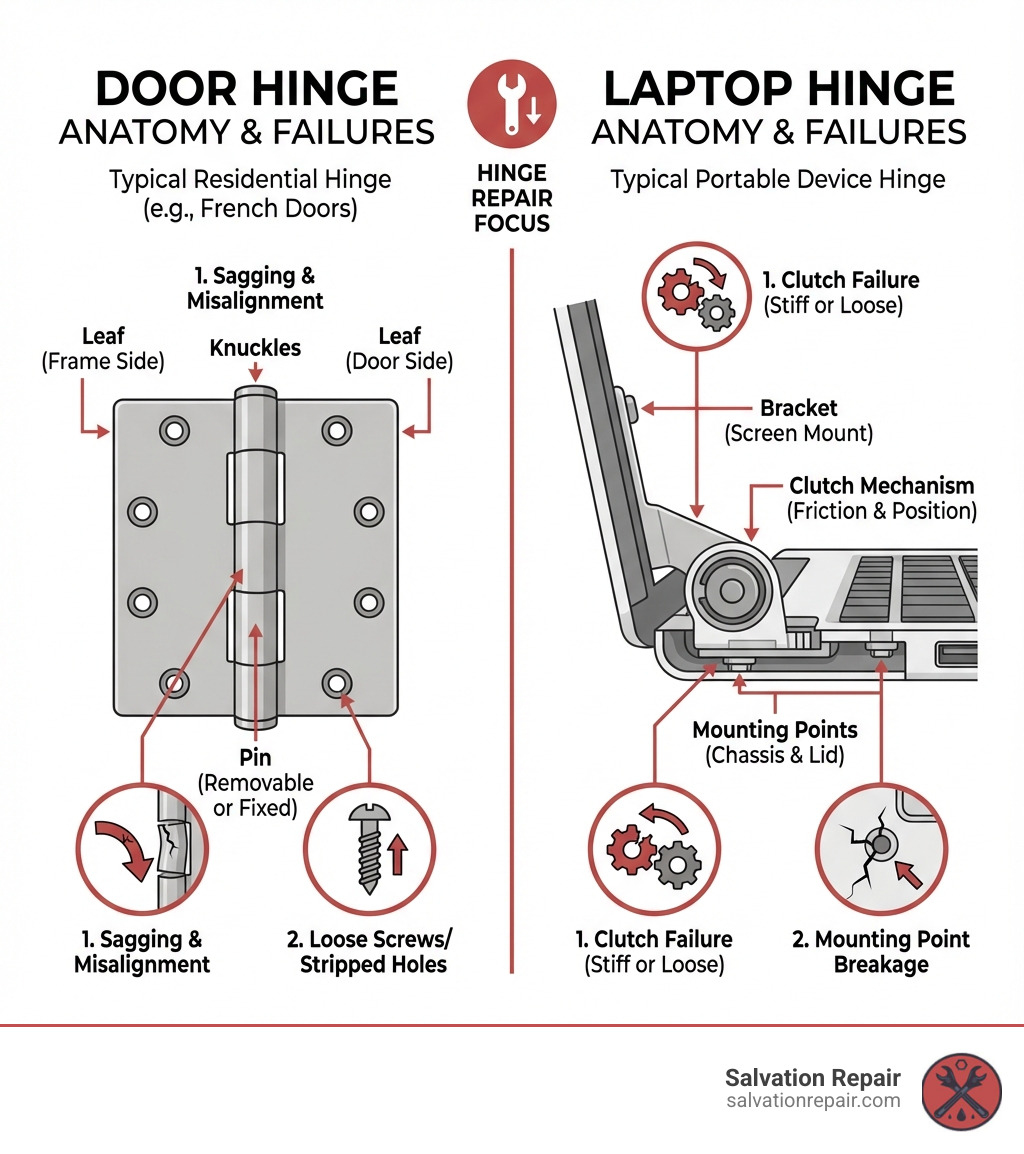 Infographic showing the anatomy of door hinges and laptop hinges, including parts labels for knuckles, pins, leaves on door hinges, and the bracket, clutch mechanism, and mounting points on laptop hinges, with common failure points highlighted - Laurel MS hinge repair infographic 