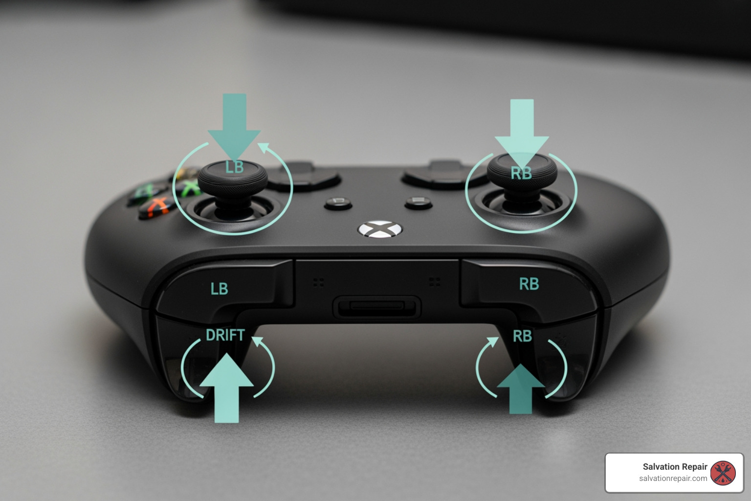Xbox controller with arrows pointing to common problem areas like joysticks and bumpers - xbox controller fixers Xbox controller with arrows pointing to common problem areas like joysticks and bumpers - xbox controller fixers