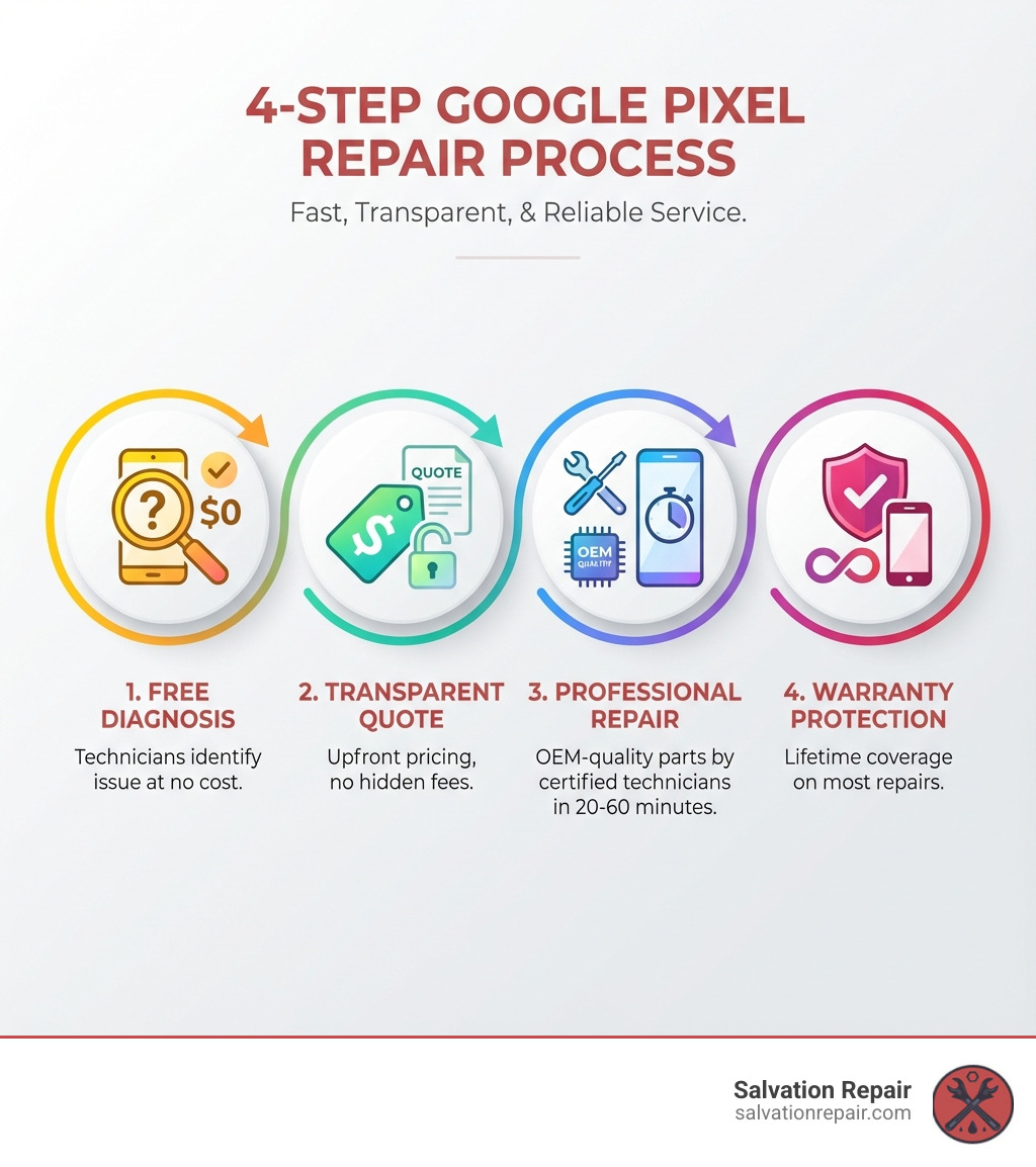 Infographic showing the 4-step Google Pixel repair process: Step 1 - Free Diagnosis where technicians identify the issue at no cost; Step 2 - Transparent Quote with upfront pricing and no hidden fees; Step 3 - Professional Repair using OEM-quality parts by certified technicians in 20-60 minutes; Step 4 - Warranty Protection with lifetime coverage on most repairs - Google Pixel repair Hattiesburg infographic Infographic showing the 4-step Google Pixel repair process: Step 1 - Free Diagnosis where technicians identify the issue at no cost; Step 2 - Transparent Quote with upfront pricing and no hidden fees; Step 3 - Professional Repair using OEM-quality parts by certified technicians in 20-60 minutes; Step 4 - Warranty Protection with lifetime coverage on most repairs - Google Pixel repair Hattiesburg infographic