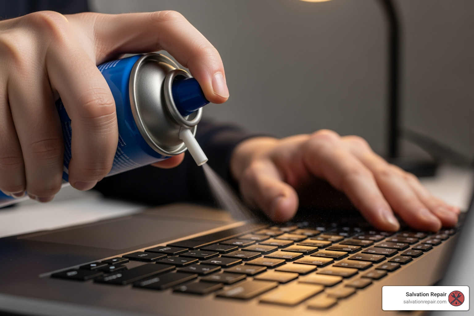 A person cleaning a laptop keyboard with compressed air - hp laptop repair near me