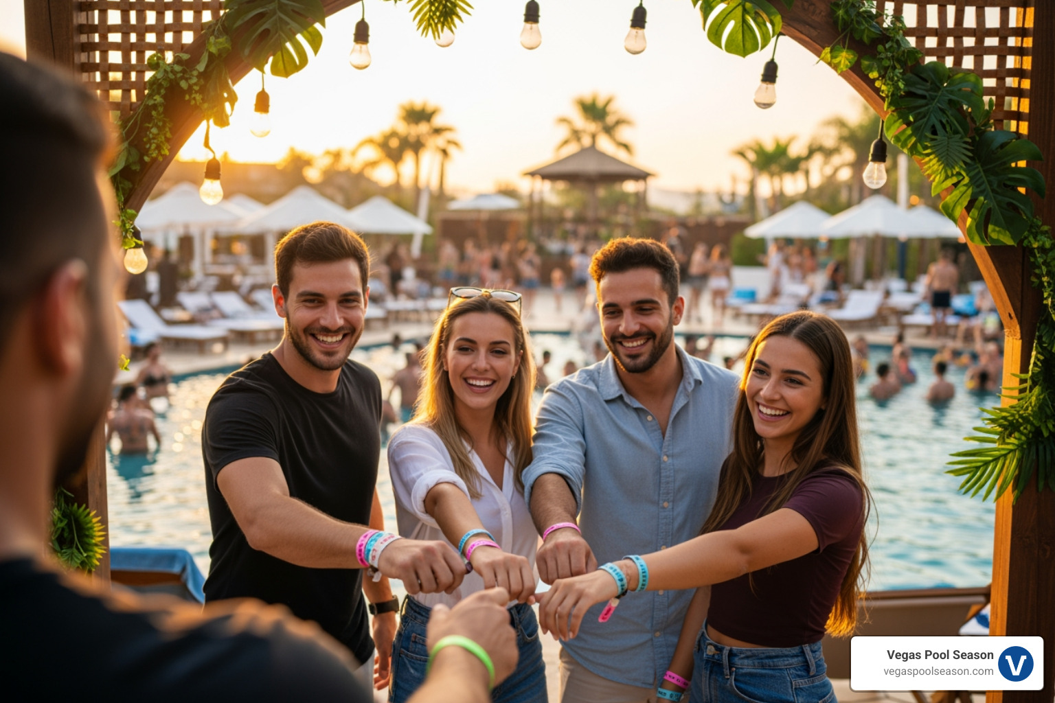 Friends showing wristbands at pool party entrance - Las Vegas pool events