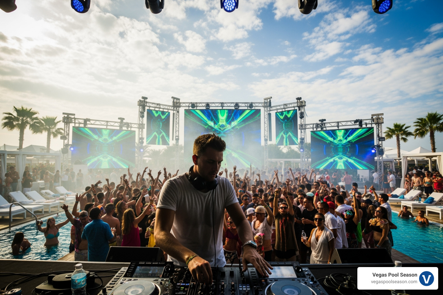 DJ performing for a packed crowd at a dayclub - Las Vegas pool events