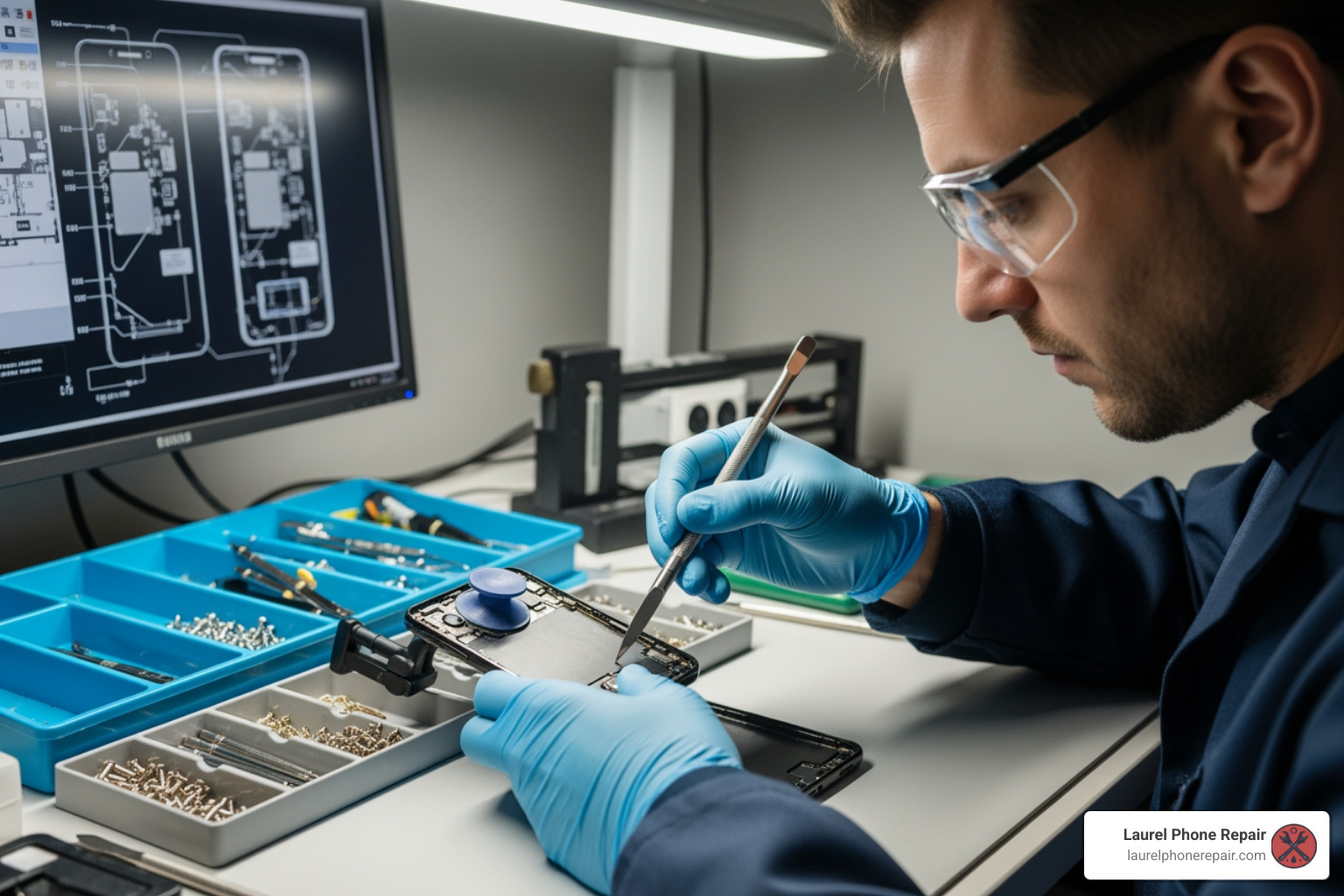 technician at a clean, well-lit workbench carefully opening a smartphone - Screen replacement nearby