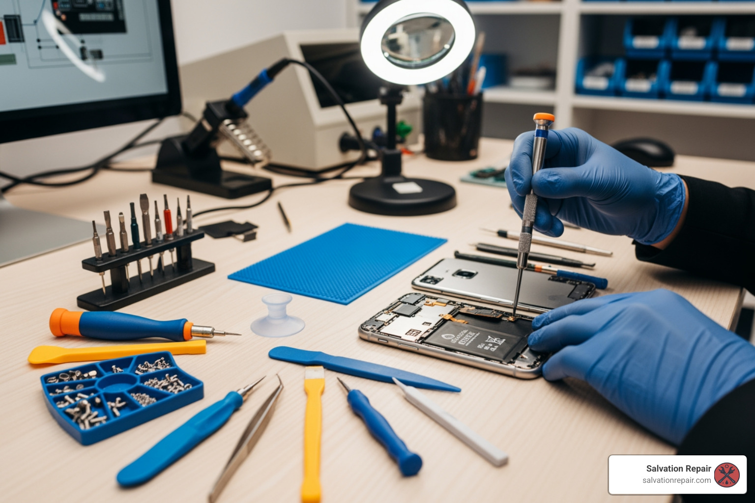 Technician repairing a phone in a clean workshop - Cell phone repair Laurel MS