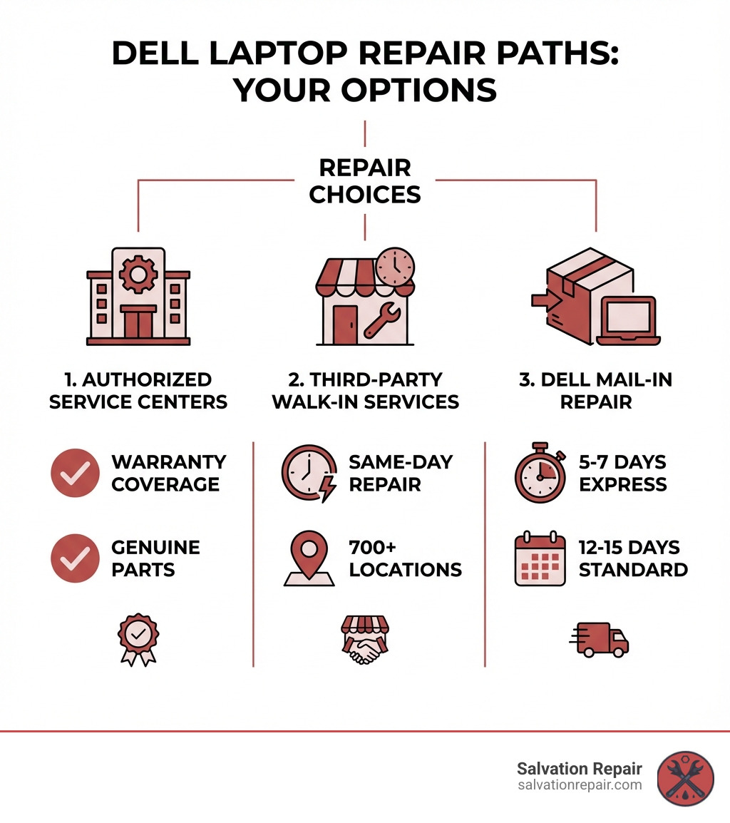 Infographic showing three main Dell laptop repair paths: 1. Dell Authorized Service Centers with checkmarks for warranty coverage and genuine parts, 2. Third-Party Walk-In Services like uBreakiFix showing same-day repair icons and 700+ locations, and 3. Dell Mail-In Repair with timeline icons showing 5-7 days express and 12-15 days standard service - dell laptop repair near me infographic Infographic showing three main Dell laptop repair paths: 1. Dell Authorized Service Centers with checkmarks for warranty coverage and genuine parts, 2. Third-Party Walk-In Services like uBreakiFix showing same-day repair icons and 700+ locations, and 3. Dell Mail-In Repair with timeline icons showing 5-7 days express and 12-15 days standard service - dell laptop repair near me infographic