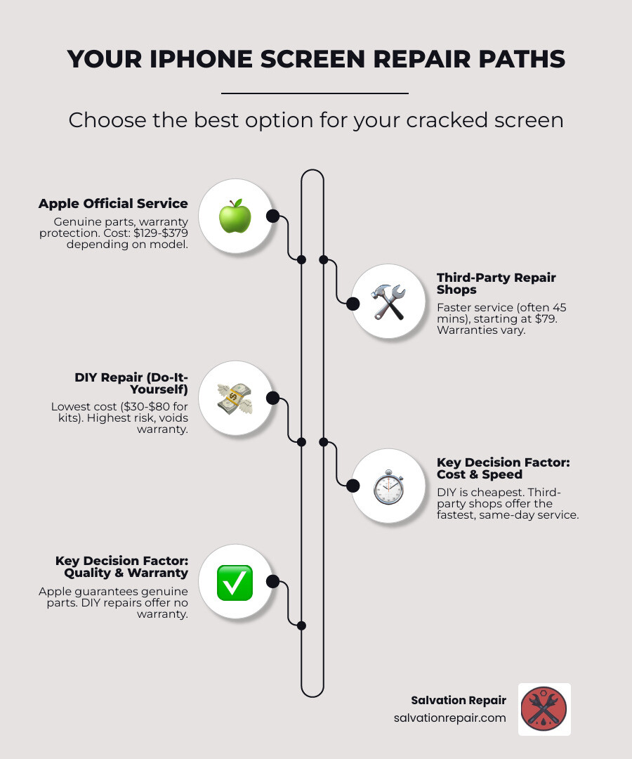 Infographic showing three repair paths for iPhone screen repair: Apple Official (showing Apple Store logo, genuine parts badge, and 90-day warranty), Third-Party Shops (showing local repair store icon, price tag starting at $79, and 45-minute clock), and DIY Repair (showing toolkit icon, cost savings indicator, and warning symbol for warranty void) - iphone screen repair infographic infographic-line-5-steps-elegant_beige Infographic showing three repair paths for iPhone screen repair: Apple Official (showing Apple Store logo, genuine parts badge, and 90-day warranty), Third-Party Shops (showing local repair store icon, price tag starting at $79, and 45-minute clock), and DIY Repair (showing toolkit icon, cost savings indicator, and warning symbol for warranty void) - iphone screen repair infographic infographic-line-5-steps-elegant_beige