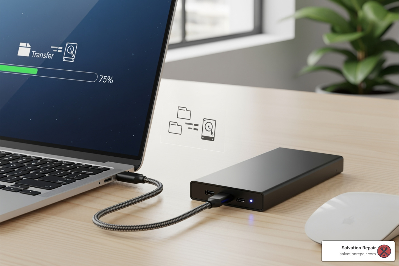 A laptop connected to an external hard drive, symbolizing data backup - dell laptop repair near me A laptop connected to an external hard drive, symbolizing data backup - dell laptop repair near me