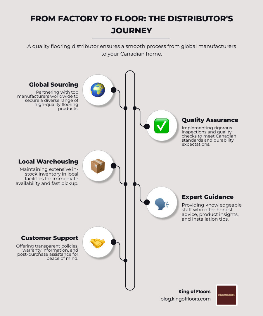 Infographic showing the flooring supply chain from global manufacturers to local distributors like King of Floors, highlighting product sourcing, quality control, local warehousing, and expert customer service in Canada - Flooring distributor dealer in Canada infographic infographic-line-5-steps-elegant_beige