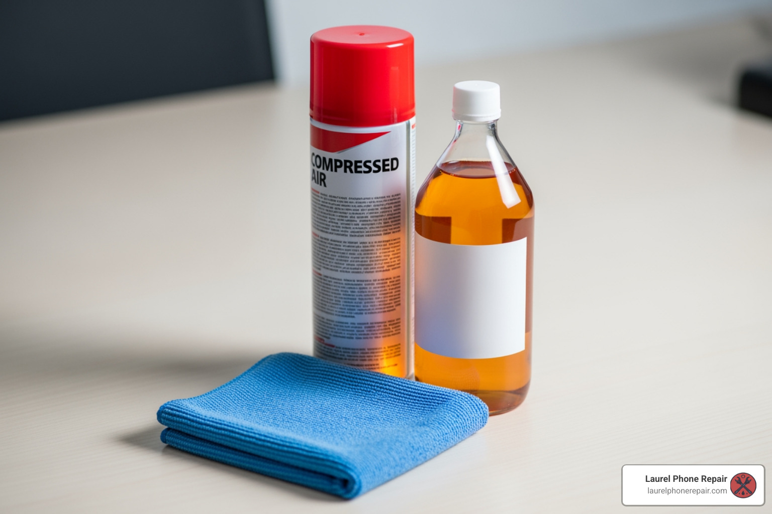 Image of keyboard cleaning tools like compressed air, isopropyl alcohol, and microfiber cloths - computer keyboard repair