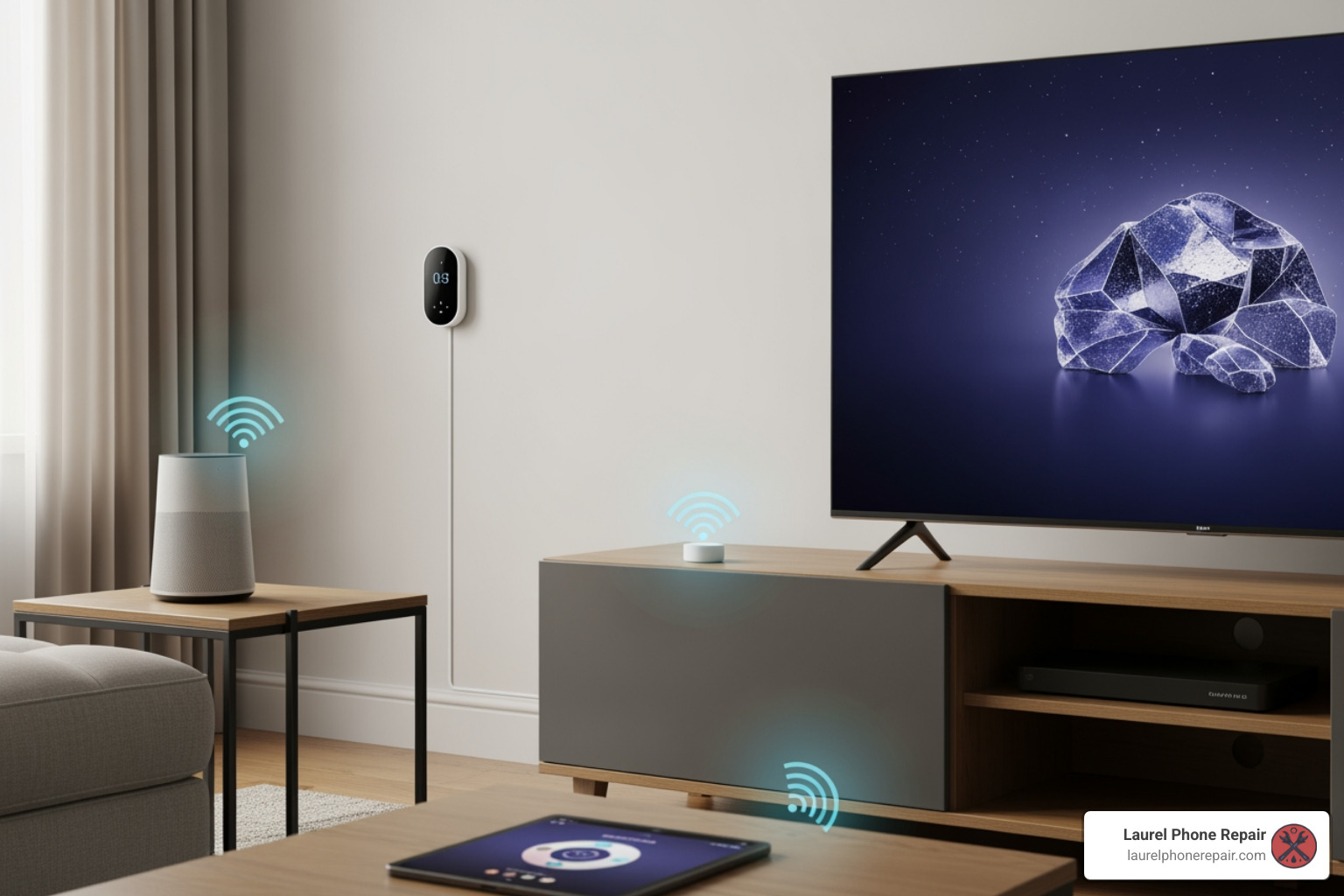 smart home living room with multiple connected devices highlighted - smart device repair warranty options 2025