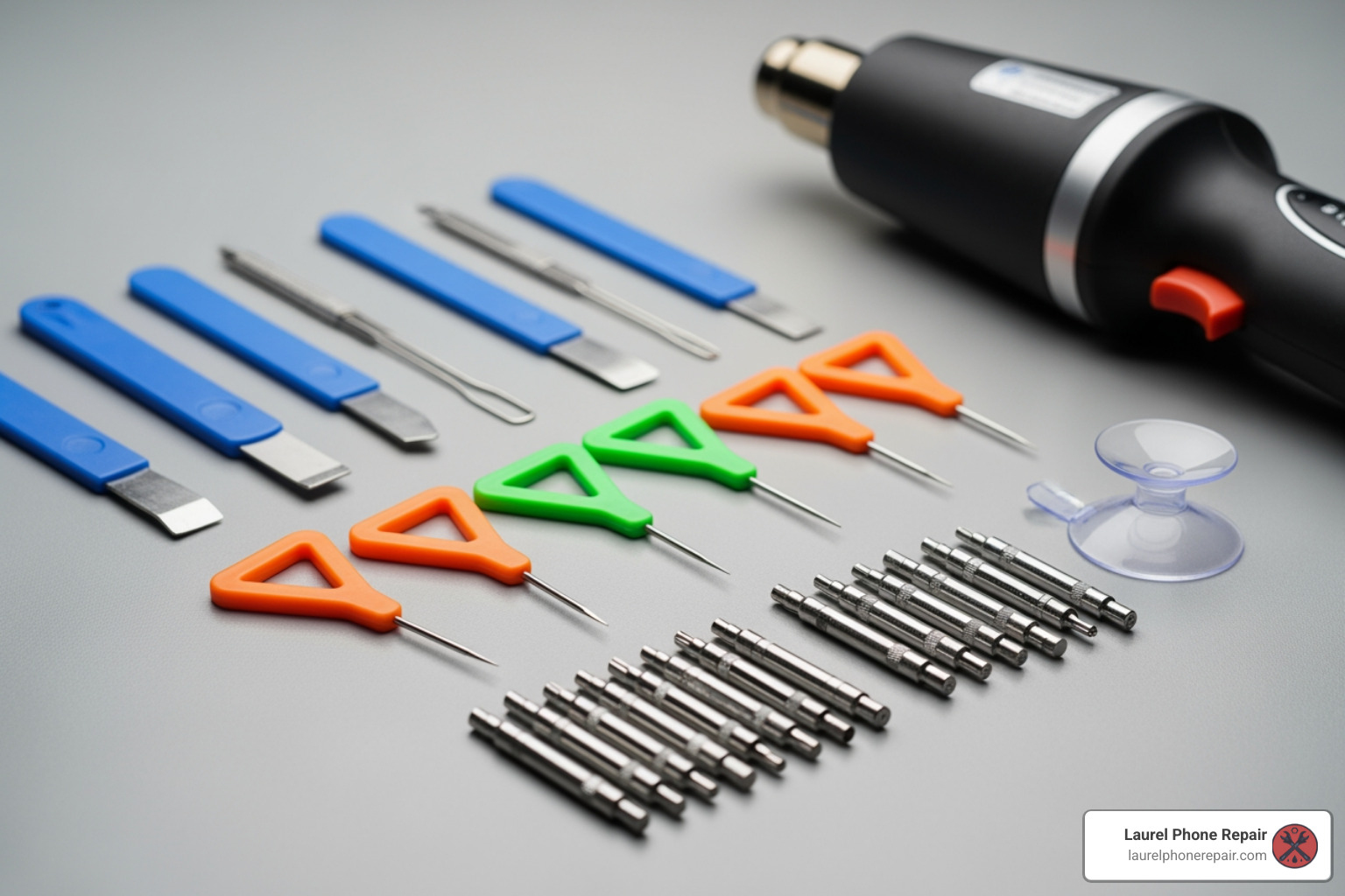 Image of a phone repair toolkit with tools like spudgers, opening picks, and a heat gun - a03s screen replacement