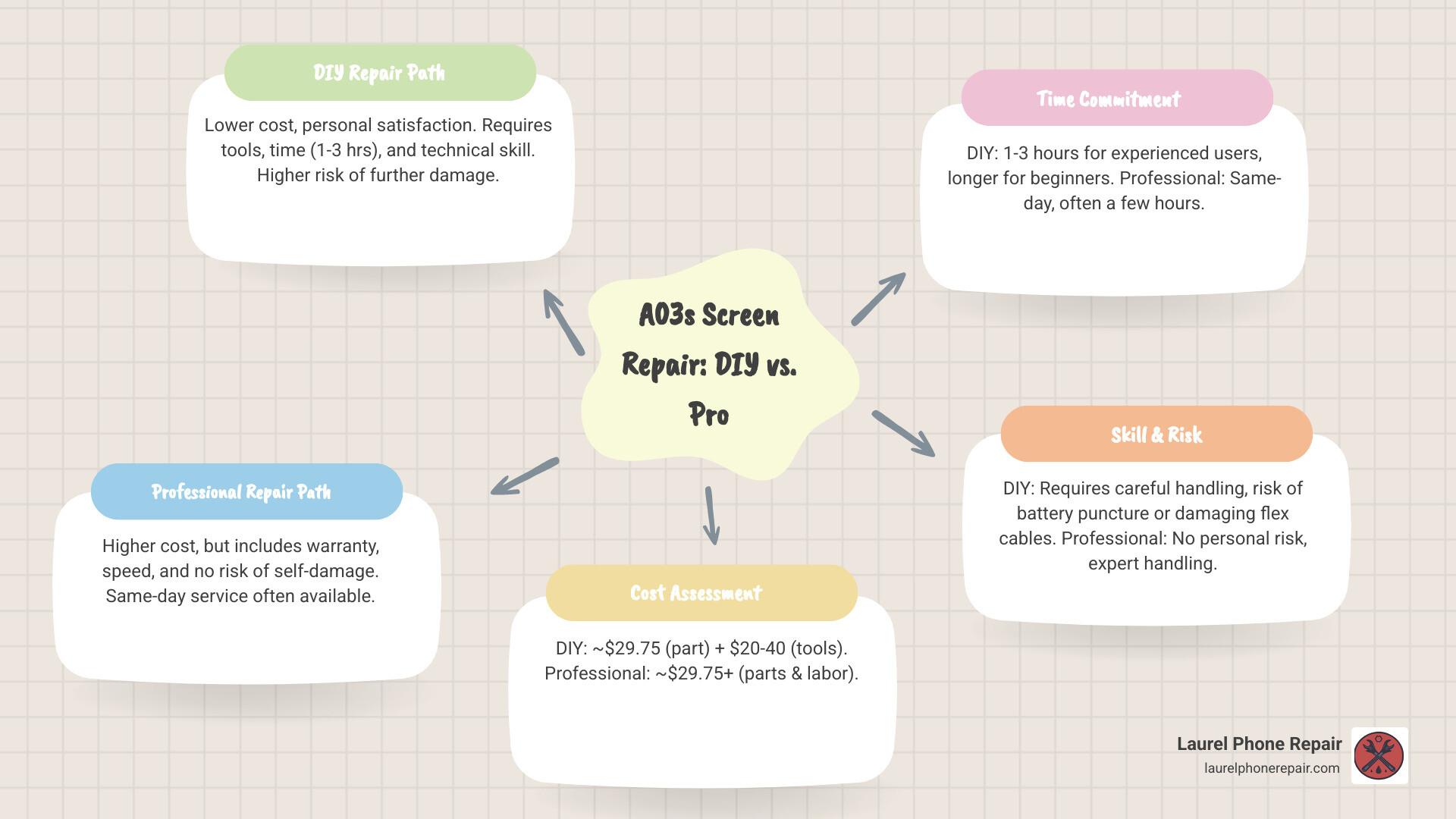 Infographic showing decision tree for A03s screen replacement: Start with budget and skill level assessment, then branch to DIY path showing lower cost but higher risk and time commitment versus Professional path showing higher cost but warranty protection and same-day service, with final decision based on technical confidence and time availability - a03s screen replacement infographic mindmap-5-items