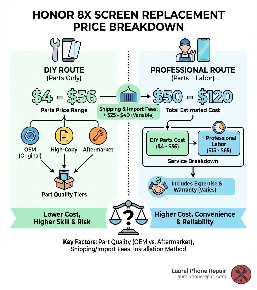 Infographic showing Honor 8X screen replacement price breakdown: DIY parts range from $4-$56, professional installation adds $15-$65 in labor, key factors include part quality tier (OEM vs aftermarket vs high-copy), shipping and import fees can add $25-$40, and total professional repair typically costs $50-$120 - honor 8x screen replacement price infographic