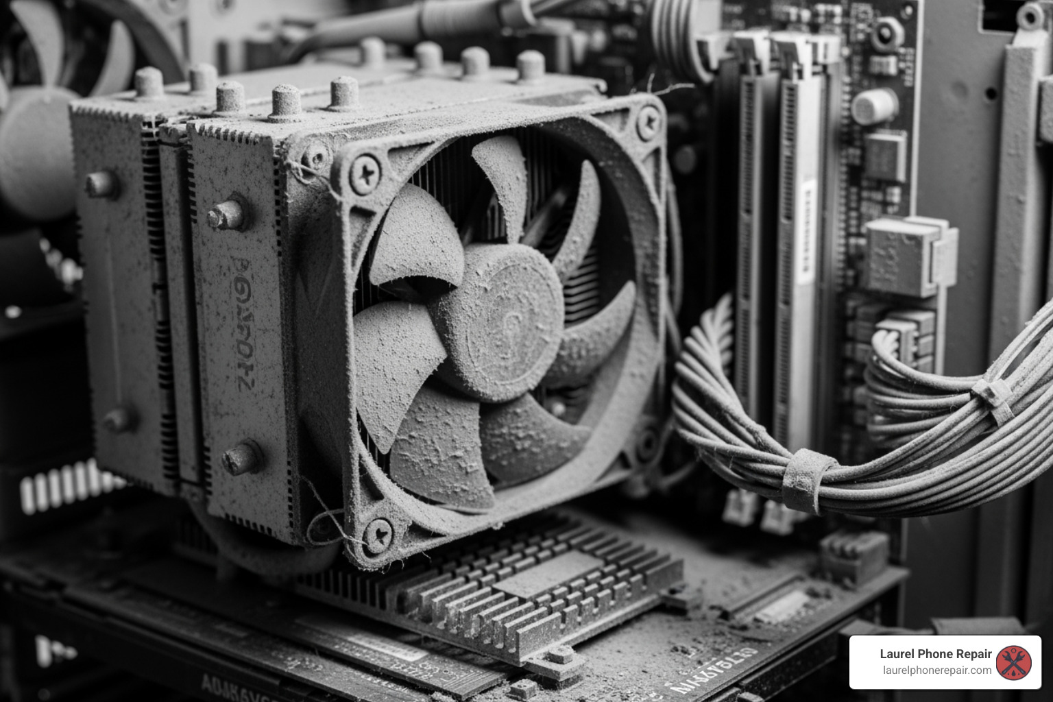 dusty computer interior before cleaning - computer motherboard repair