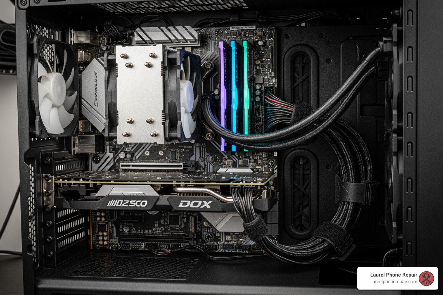 computer motherboard inside open PC case - computer motherboard repair