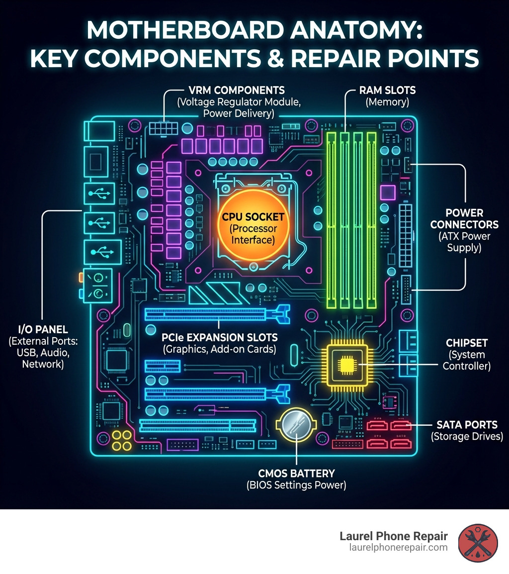 infographic showing motherboard anatomy with labeled components: CPU socket in center, RAM slots to the right, PCIe expansion slots below, SATA ports for storage, power connectors, chipset, I/O panel with USB and audio ports, CMOS battery, and VRM components near CPU - computer motherboard repair infographic