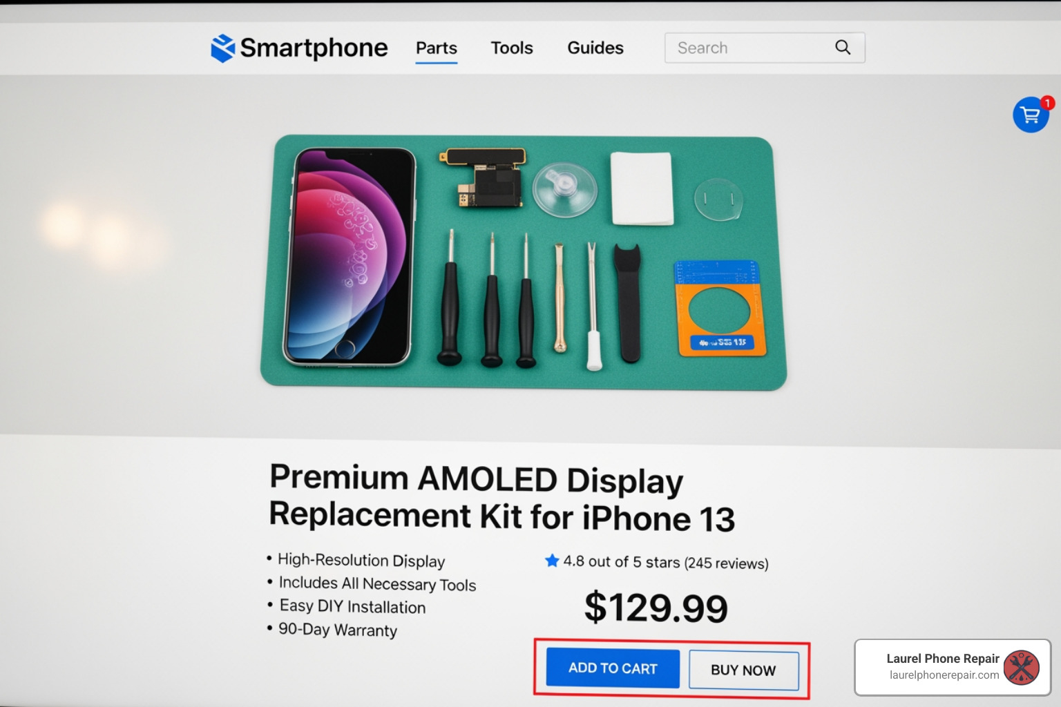 computer screen showing an online store for phone parts - honor 8x screen replacement price