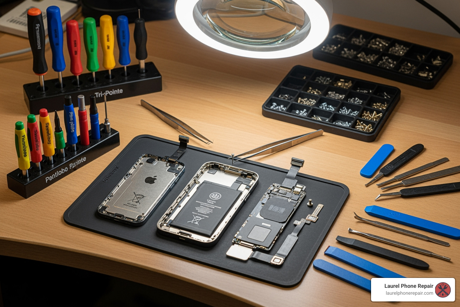 Technician's workbench with iPhone repair tools - iPhone 15 screen repair