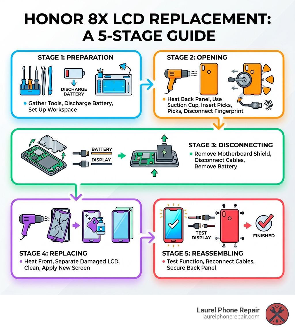 Step-by-step Honor 8X LCD replacement process infographic showing five main stages: Preparation (gather tools, discharge battery, set up workspace), Opening (heat back panel, use suction cup, insert opening picks, disconnect fingerprint cable), Disconnecting (remove motherboard shield, disconnect battery and display cables, remove battery), Replacing (heat front screen, separate damaged LCD, clean adhesive, apply new screen with fresh adhesive), and Reassembling (test display function, reconnect all cables, secure back panel) - honor 8x lcd replacement infographic