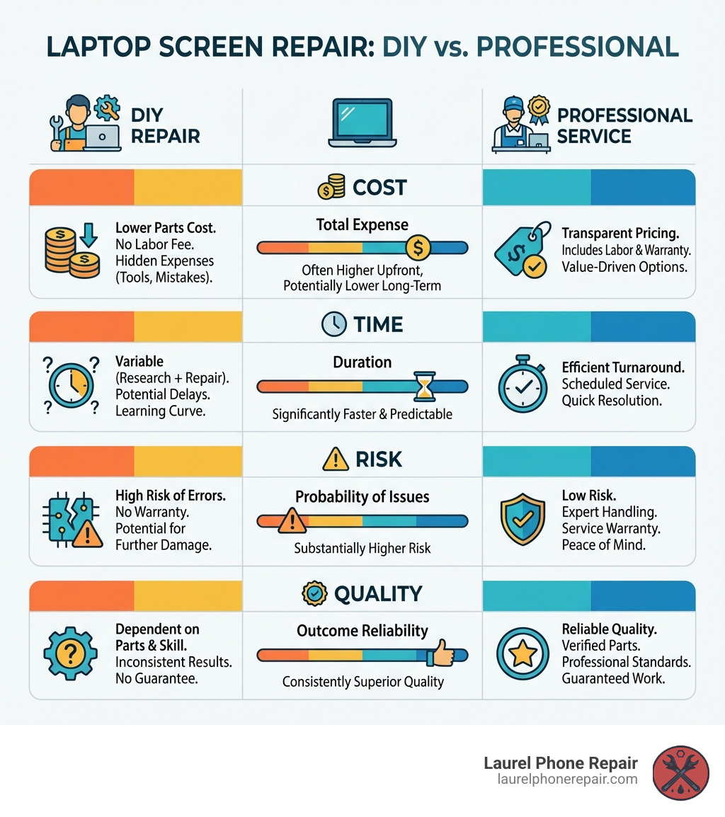 table comparing DIY vs Professional Repair on cost, time, risk, and quality - cheap laptop screen repair infographic