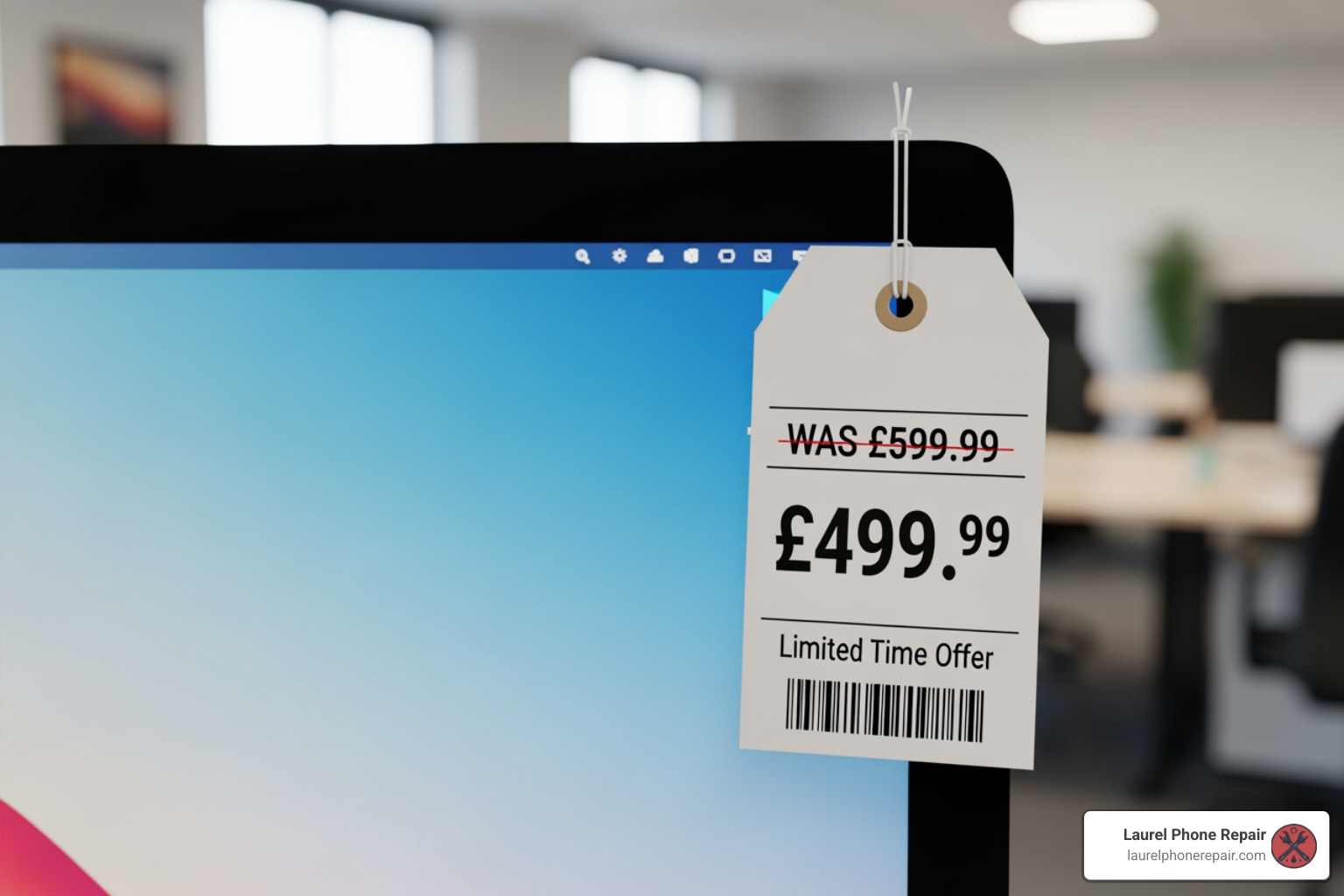 price tag hanging from a computer monitor - cheap computer repair