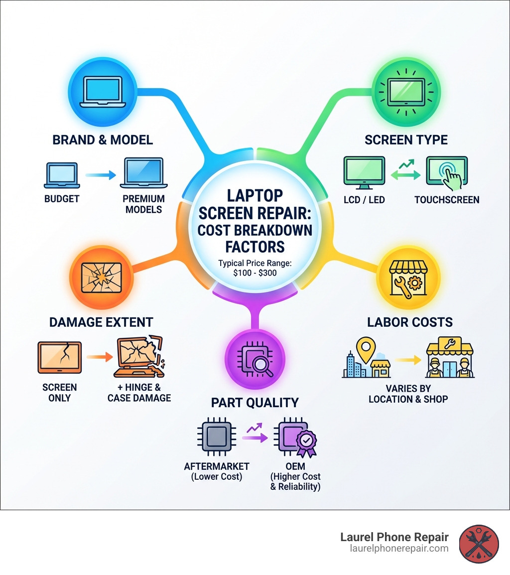 Infographic showing the cost breakdown of laptop screen repair: factors include laptop brand and model ranging from budget to premium models, screen type comparing LCD LED and touchscreen options, damage extent from screen only to hinge and case damage, labor costs varying by location and shop, and part quality comparing OEM versus aftermarket options with typical price ranges from 100 to 300 dollars - cheap laptop screen repair infographic